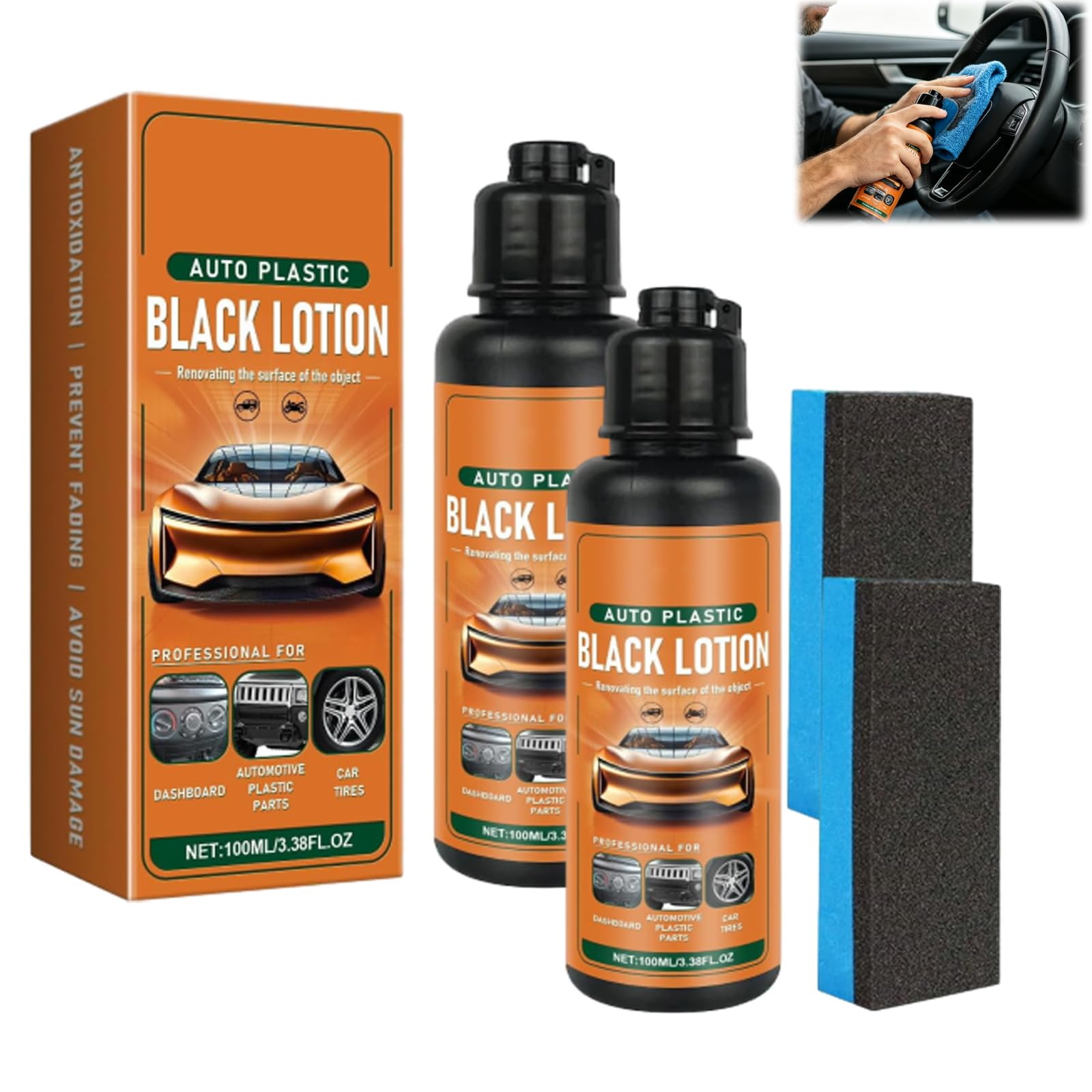 Auto Plastic Restorer Kit, Auto Plastic Black Lotion for Dashboard Door Panel Bumper Tire Trim, Car Plastic Restorer & Interior Cleaner Fast Drying Long Lasting Coating (2Pcs)