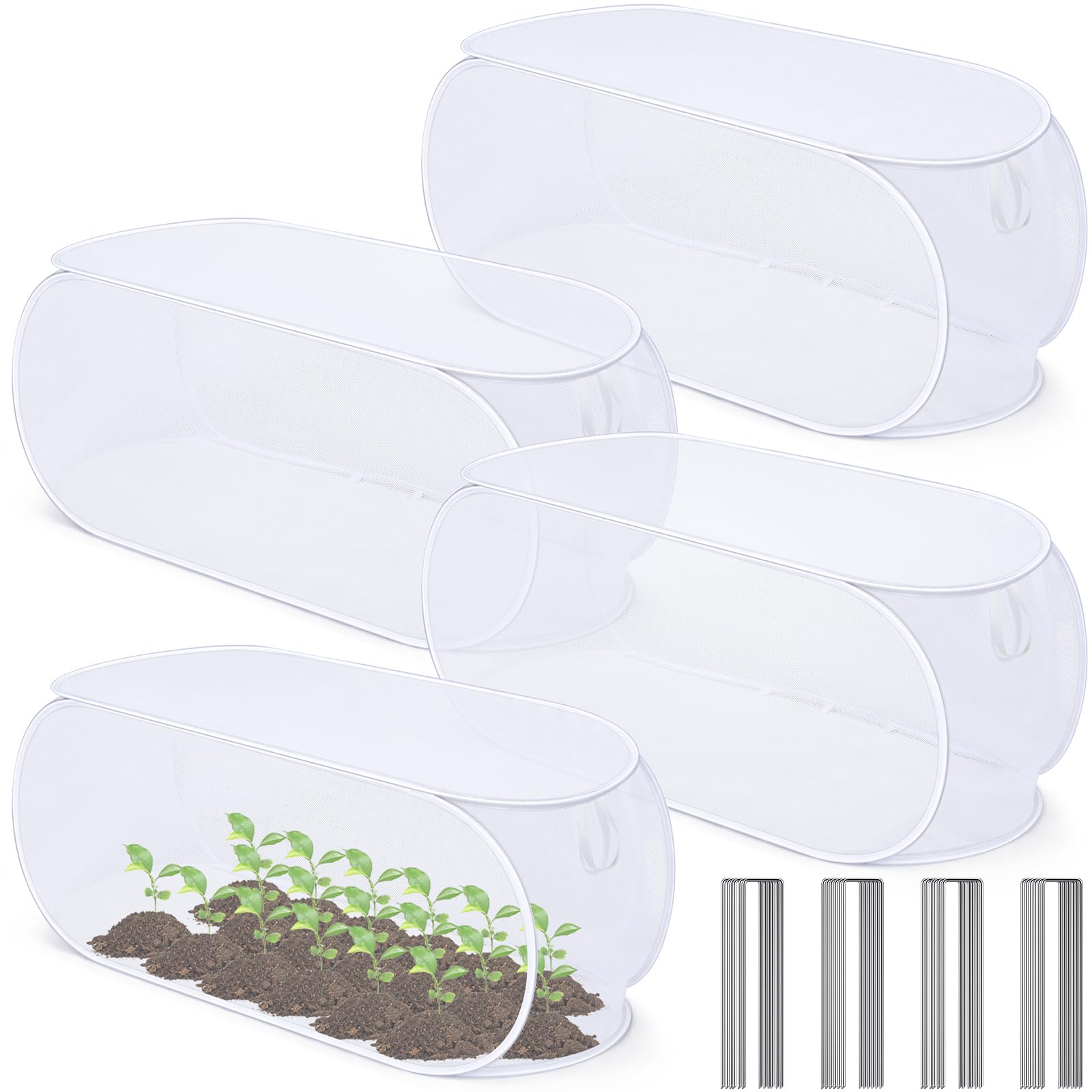 Photo 1 of Threehoney 4 Pcs 39" x 18" x 16" Pop up Garden Mesh Plant Cover Outdoor Plant Protector Garden Row Raised Bed Cover with Ground Nails Crop Cage Net for Seedlings Vegetable Fruit Herbs (White)