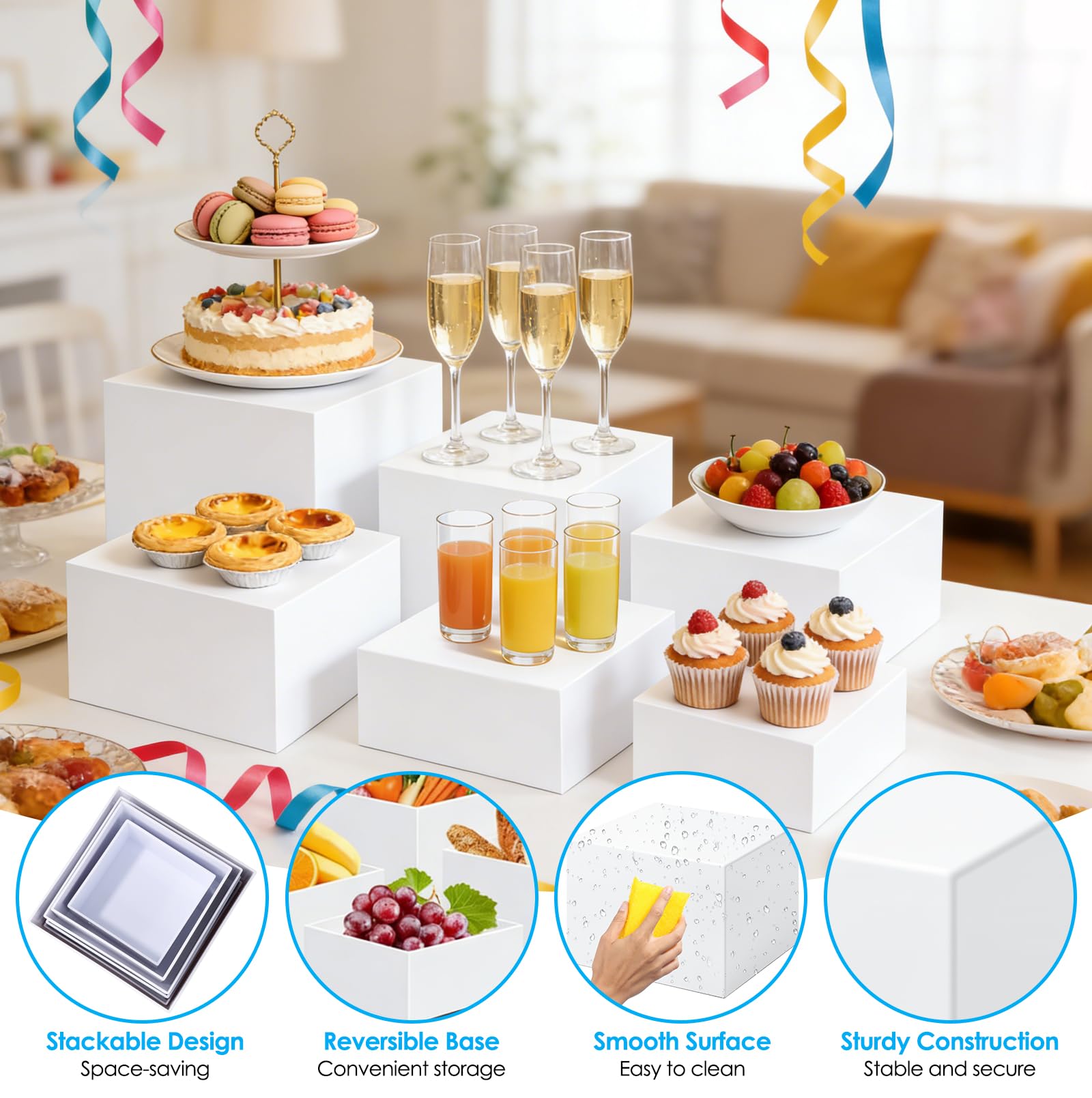 6 zoccoli in acrilico per alimenti, supporto bianco per dessert per buffet, torre per cupcake, alzata per torte, spettacoli di gioielli, eventi di catering (20,3 cm + 19,1 cm + 17,8 cm + 17,3