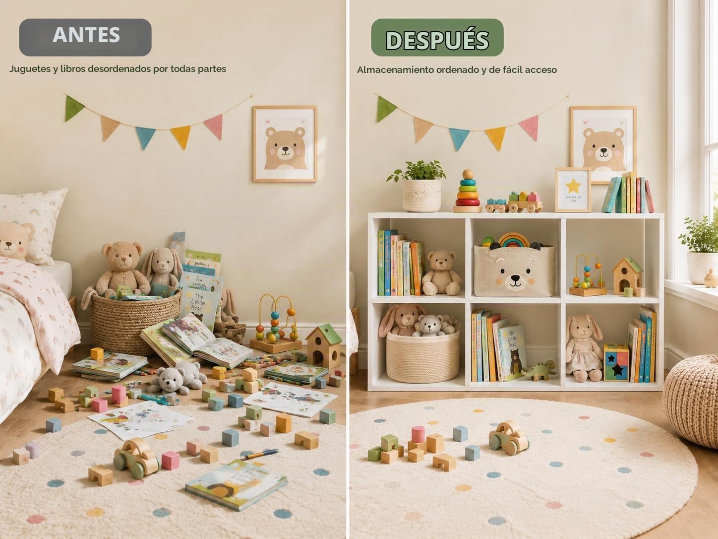 Mueble Organizador de Juguetes con 6 Cubos, Estantería Infantil Blanca para Libros, Peluches y Cajas, Almacenaje Montessori con 3 Paneles Traseros Desmontables, 92,5 x 29 x 62 cm