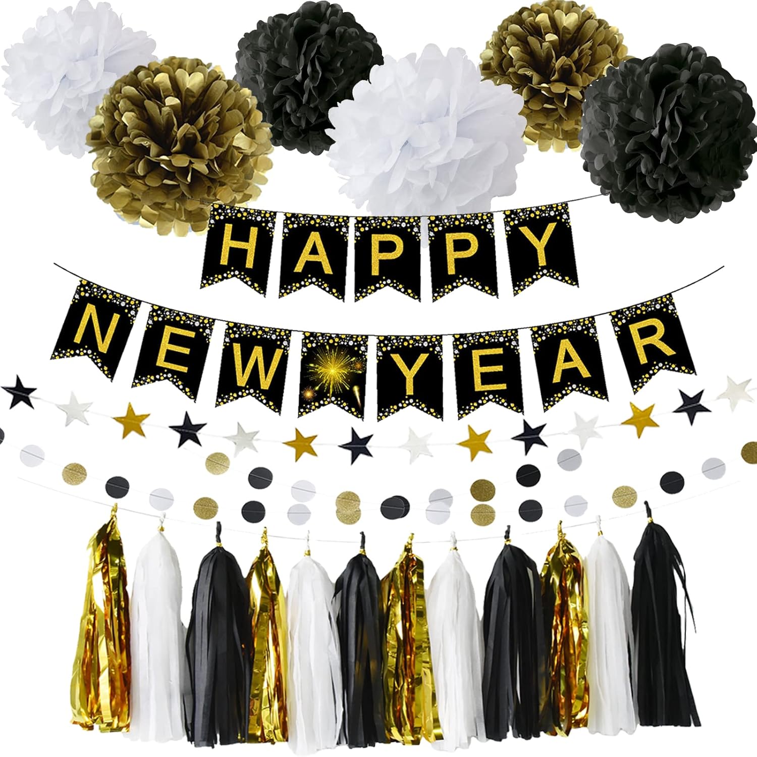 2023 Happy New Year Eve Party Supplies Black White Gold New
