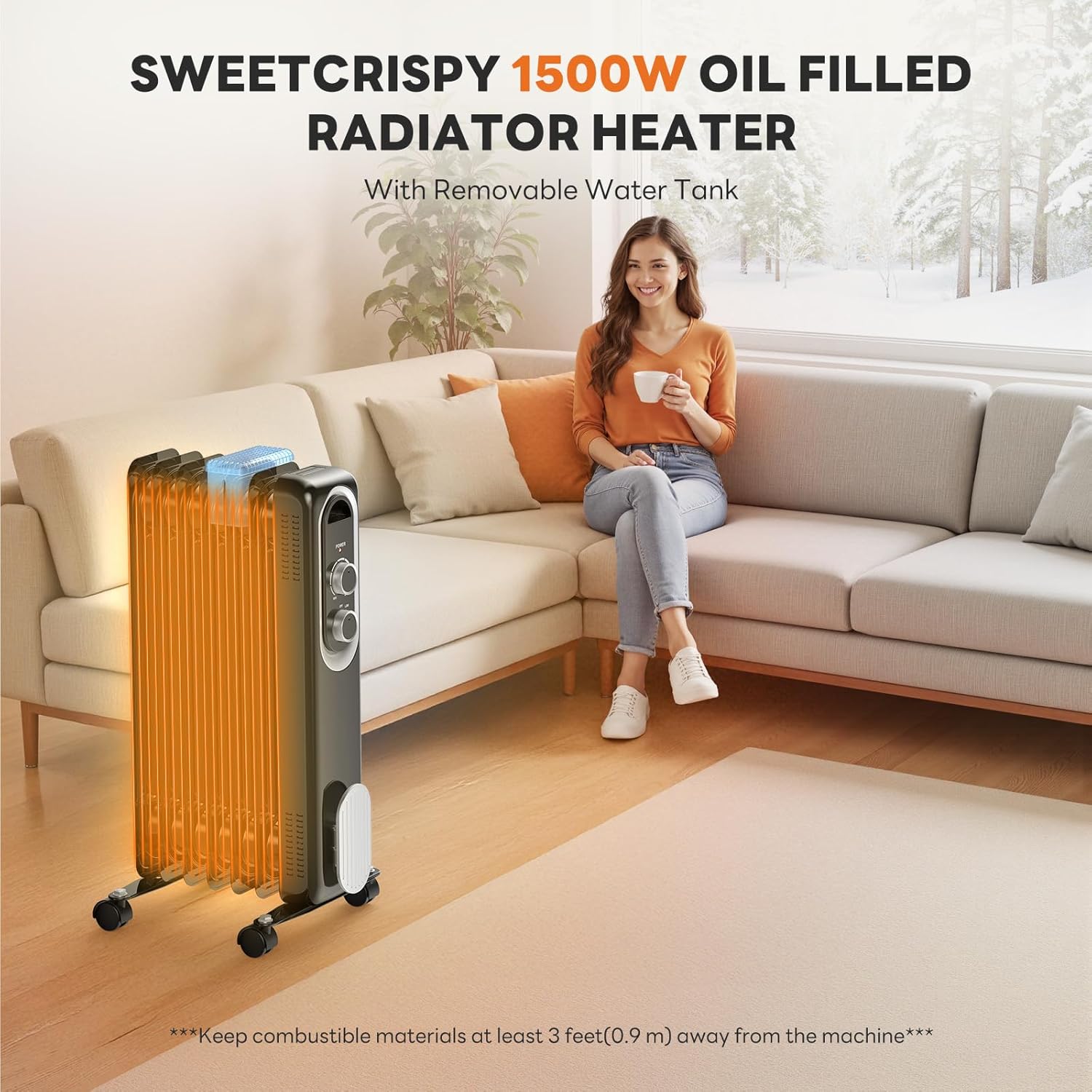 sweetcrispy oil filled radiator heater for indoor use, 1500w with adjustable thermostat, 22.8 * 11.8 * 4.9in, new black black 22.7*11.7*4.9in