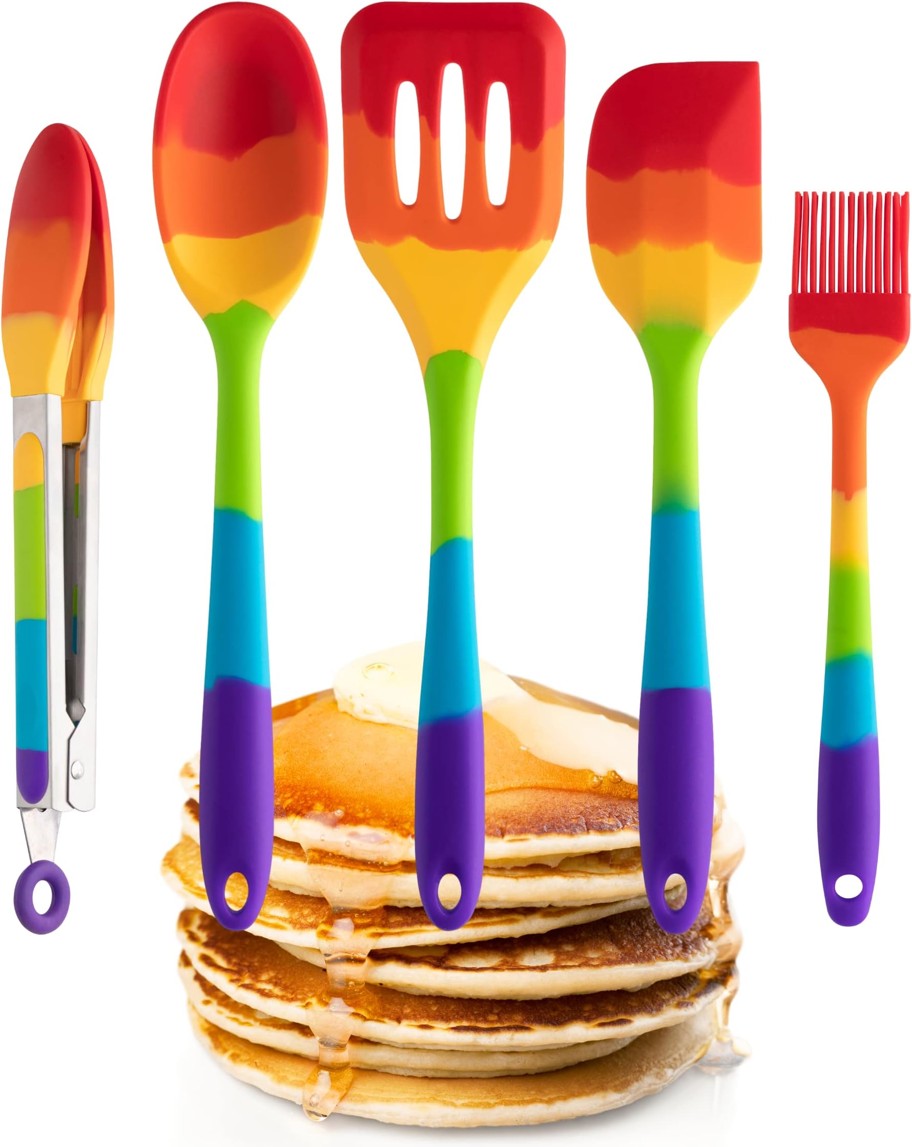 Taylors Eye Witness Rainbow Silicone Turner, Spoon, Spatula, Tongs and Brush Set – Dishwasher Safe, Heat Resistant, 5 Piece Set