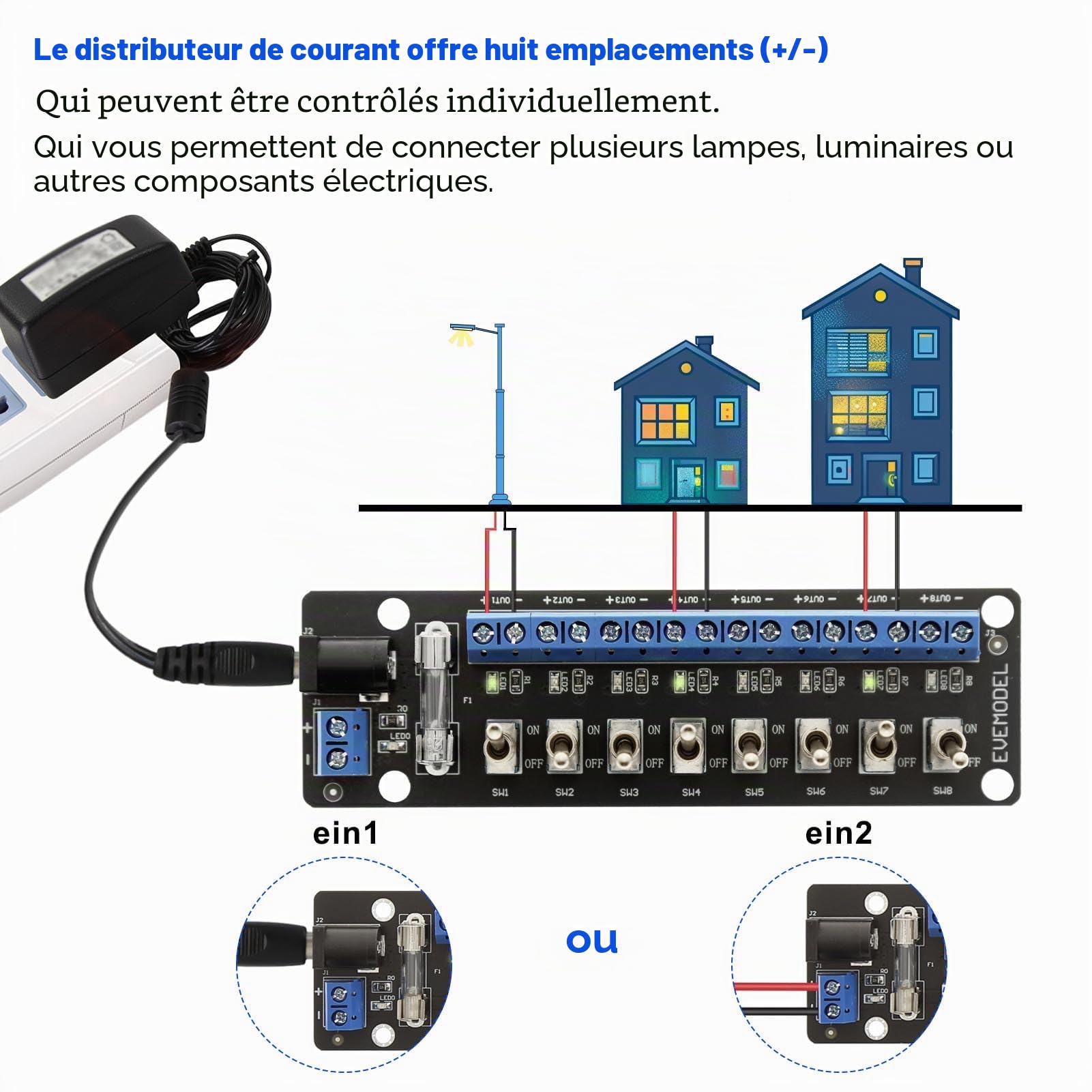 Evemodel 1 lot de 8 interrupteurs à bascule miniatures 3-24 V CC - Commutateur CC - Distributeur de courant - Multiprise - Panneau de distribution
