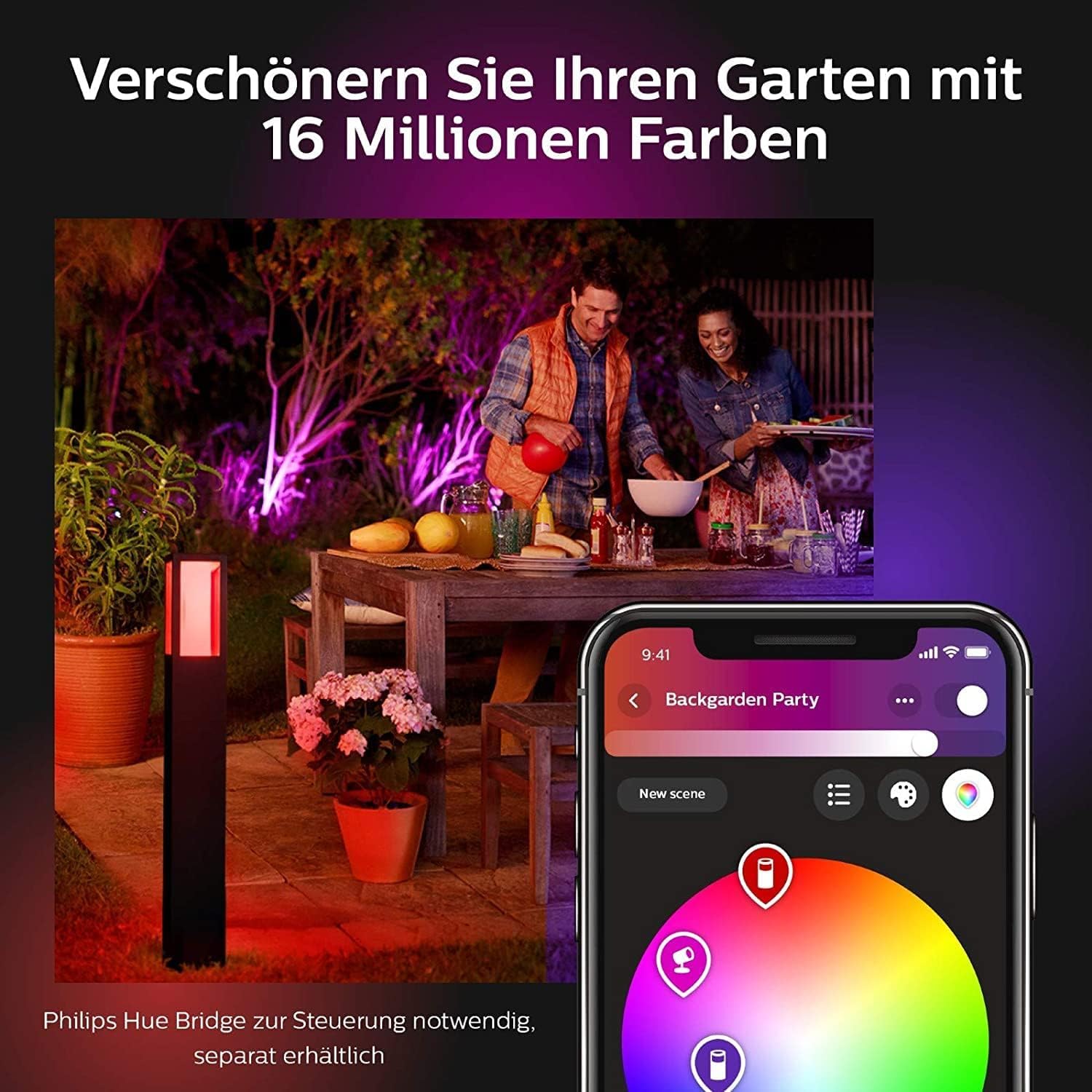 Philips Hue White & Color Ambiance Impress Outdoor Wegeleuchte 1180 lm, dimmbare Gartenbeleuchtung, smarte Lichtsteuerung über Sprache und App, schwarz