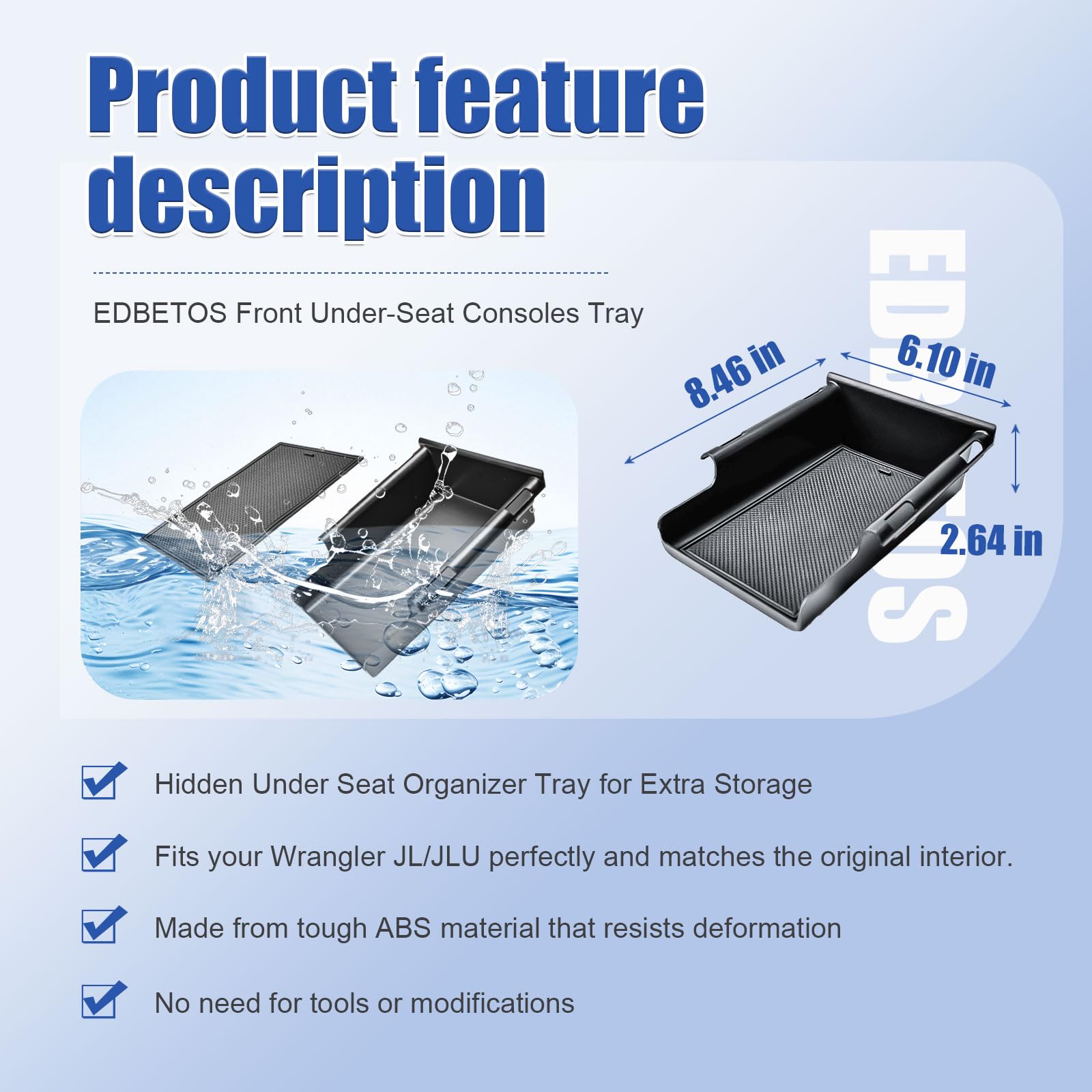 EDBETOS Plateau de consoles avant sous siège compatible avec Jeep Wrangler JL/JLU 2018-2023, 2024, 2025 et Jeep Gladiator JT Truck 2020-2024 2025, accessoires de rangement cachés (siège manuel