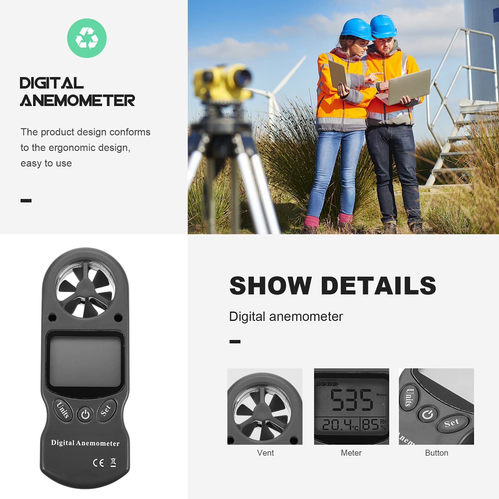 GLEAVI Higrotermógrafo Digital Portátil con Medición de Velocidad del Viento, Resistente Plástico Negro y Bolsa de Almacenamiento para Industria Aeronáutica
