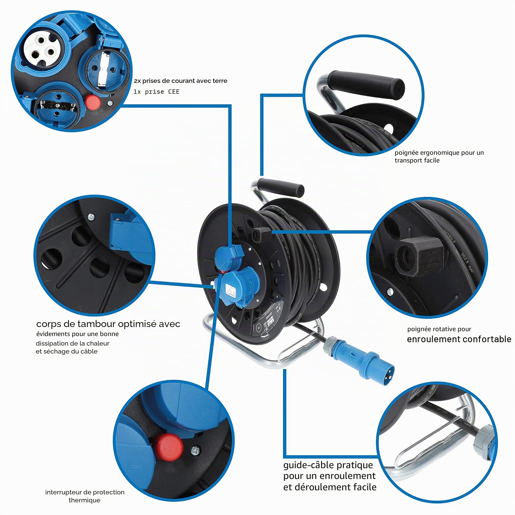 KALLE DAS KABEL Rallonge Electrique Enrouleur KTG 25m CEE, Kit avec adaptateur et câble de raccordement 1,5m, H07RN-F 3G 2,5mm² pour camping, chantier, bricolage & jardin, Made in Germany