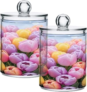 Kigai 2PCS Tulip Qtip Holder Dispenser with Lids - 14 oz Bathroom Storage Organizer Set, Clear Plastic Apothecary Jars Food Storage Containers, for Tea, Coffee, Cotton Ball, Floss