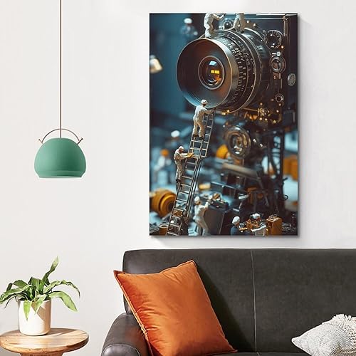 Miniatura 4 de Little Scientist limpia y repara meticulosamente una enorme cámara de película vintage. Póster de lienzo de realismo de tecnología retro para