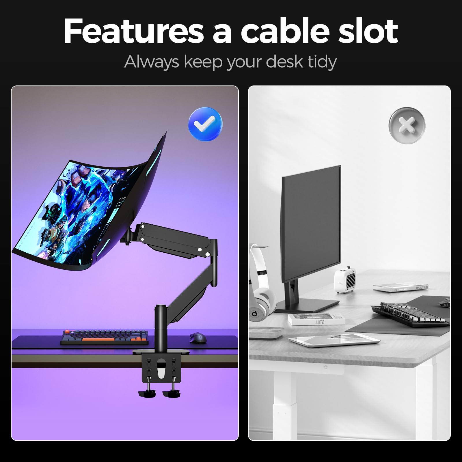Suptek Support Ecran PC 27-49 Pouces Charge 22kg VESA 75/100mm Noir | Bras Écran Gaz Ergonomique, Support Gaming Incurvé VESA, Réglages Complets, Gain de Place sur Bureau de Télétravail