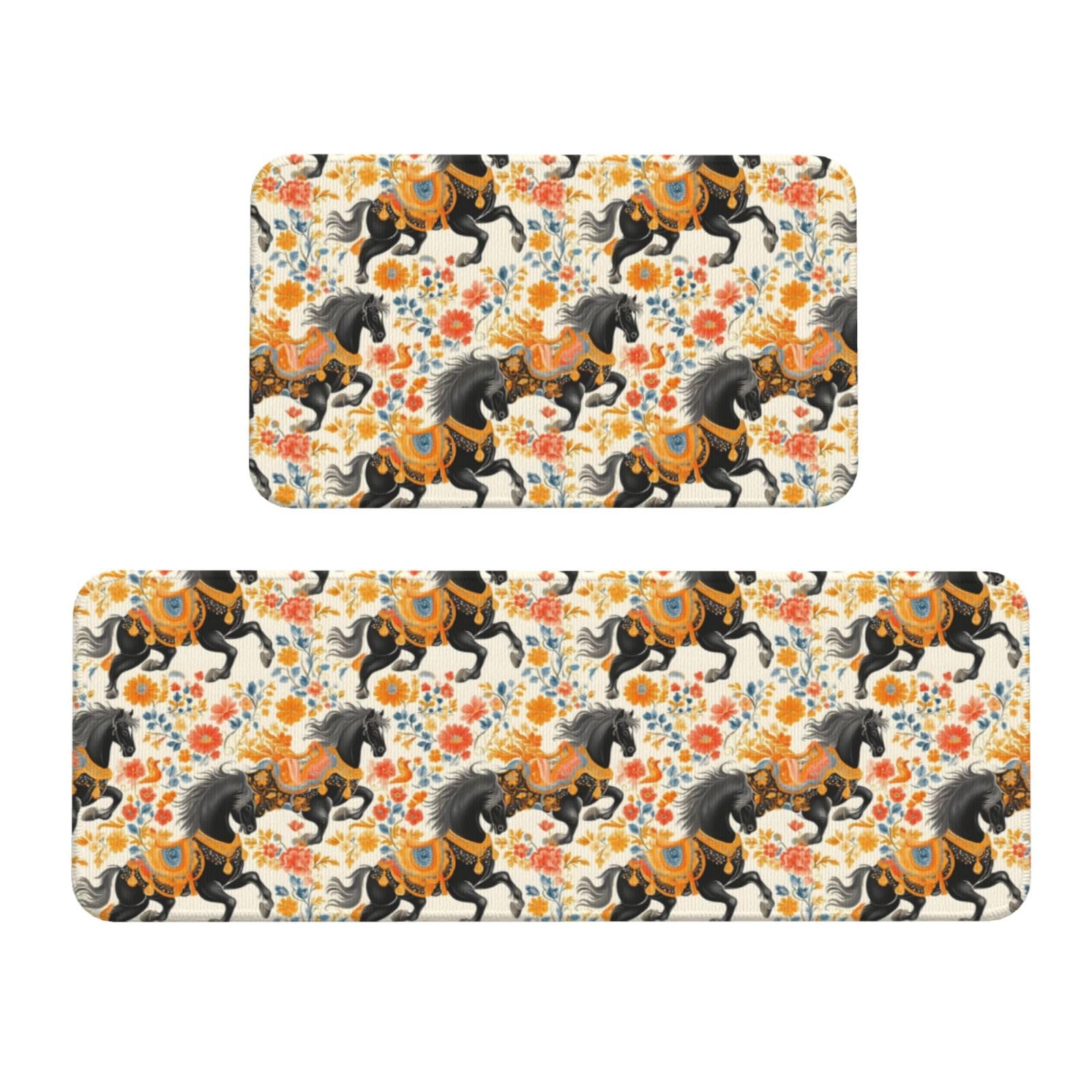 GVYGVY Antifatigue Kitchen Mats for Floor 2 Piece - Vintage Flowers Horse Black Print Kitchen Rugs Washable, Non Slip Runner Rug Standing Mat for Office/Bathroom/Laundry/Home Decor and Accessories