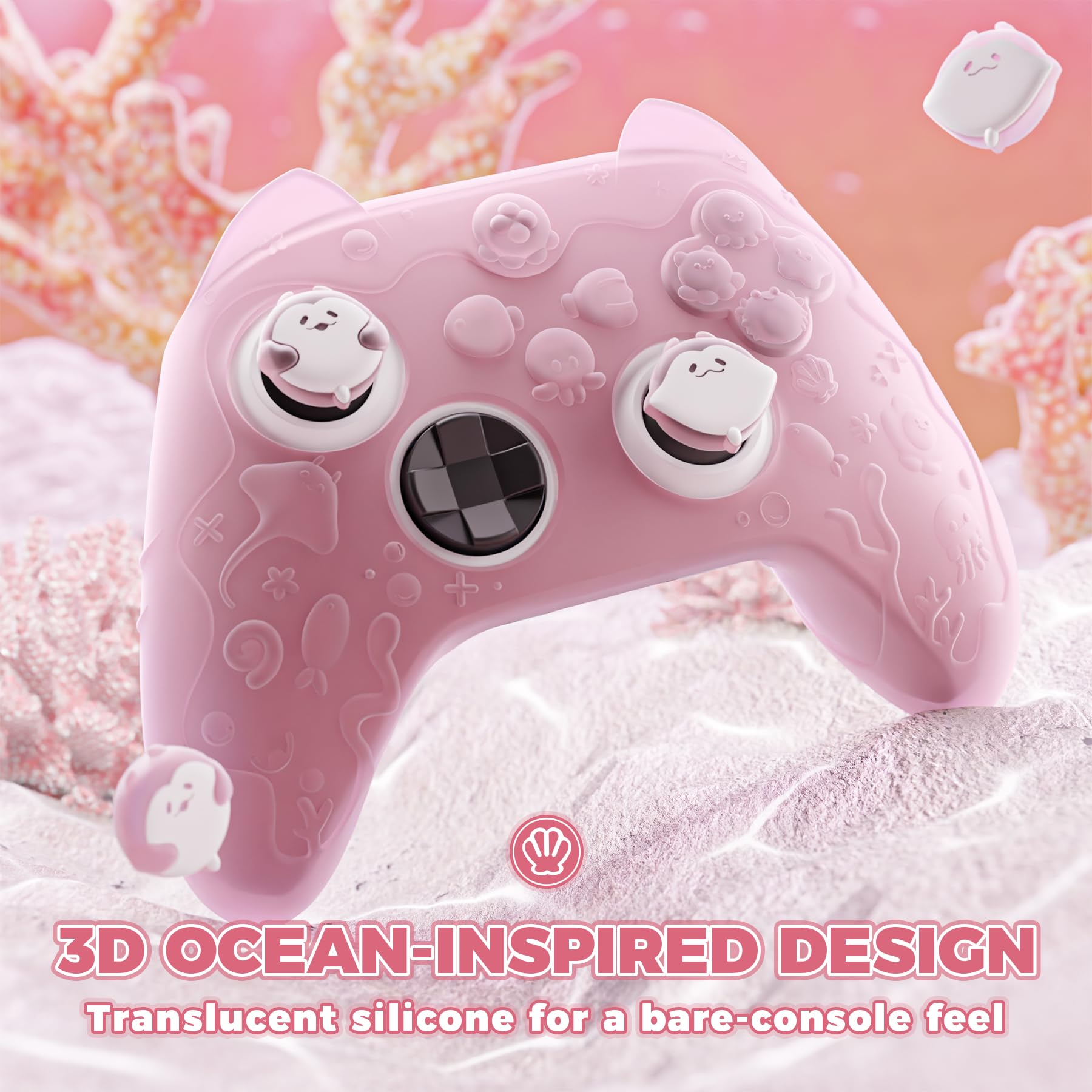 PlayVital Cover Controller per Xbox Series X/S Joystick Custodia Silicone Case Grip Antiscivolo & Copri Levette Analogiche & Adesivi, Accessori Protettivi Carini, Semi-trasparente Rosa Pesca