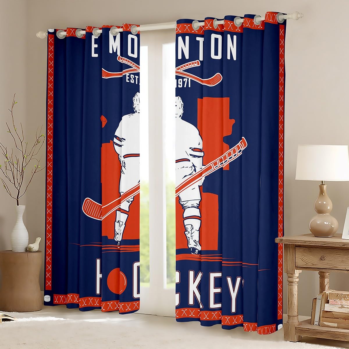 Homemissing Edmonton Vorhänge Eishockey Stadt Fenstervorhang 137x117cm Geschenke für Männer Frauen Junge Lacrosse Blickdichte Vorhänge Eishockey Sport Sportliebhaber Schlafzimmer Dekor