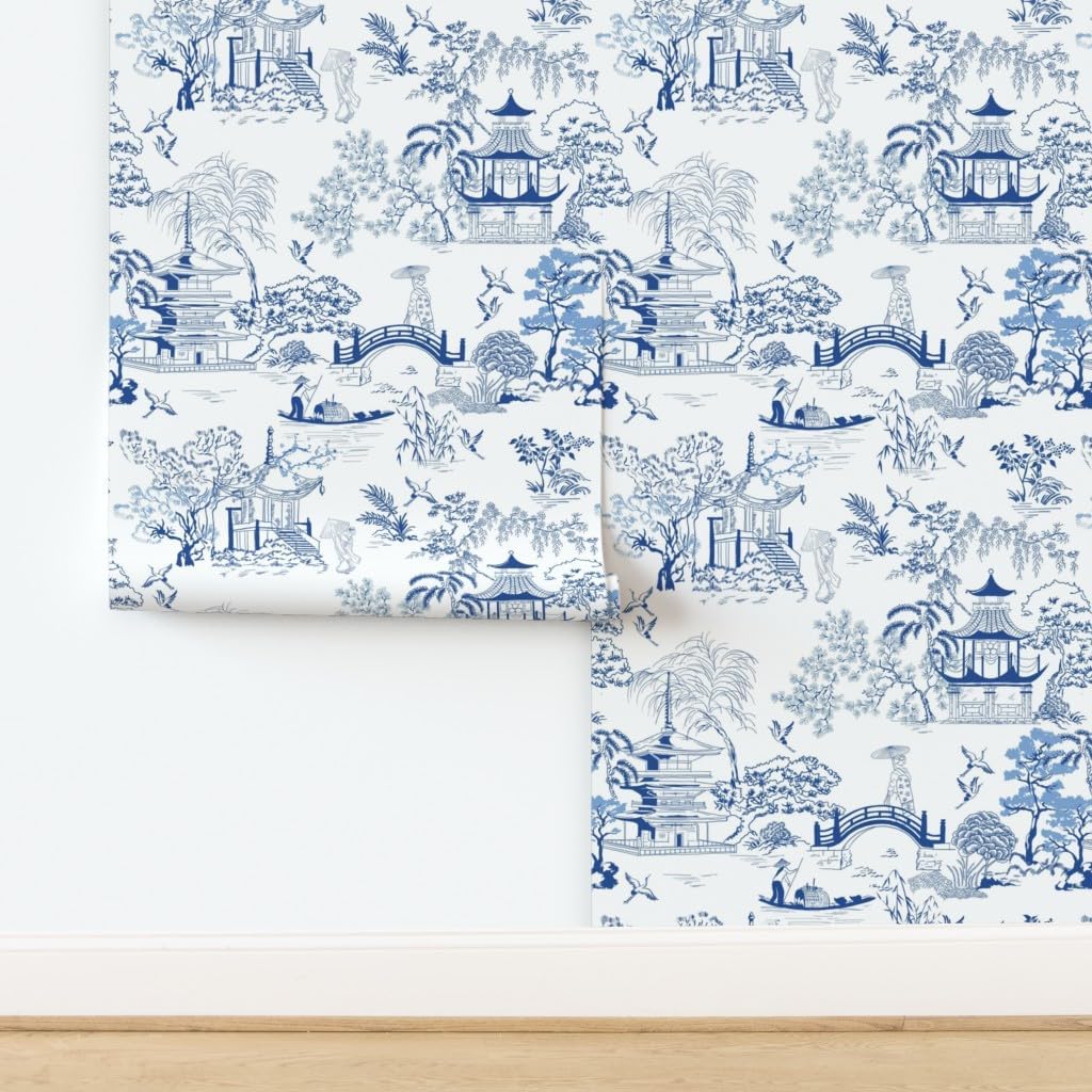 Peel & Stick Wallpaper 3ft x 2ft - Pagoda Chinoiserie Japanese Blues Japan Toile Cherry Blossom Custom Removable Wallpaper by Spoonflower