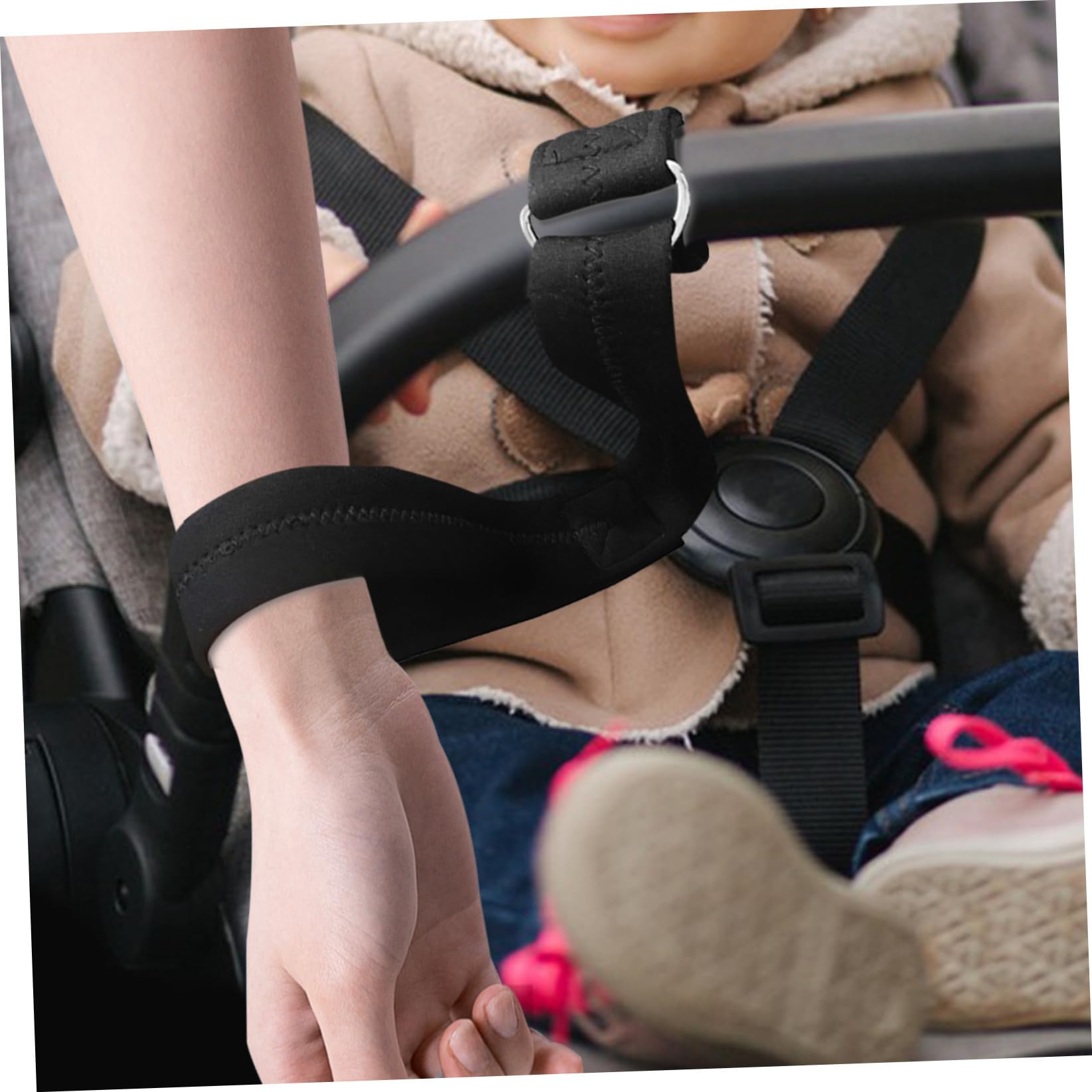 Braccialetto di Sicurezza per Passeggino, Cinturino Polso Nero in Neoprene | Carrello Spesa e Pushchair, Fascia Antiscivolo, Supporto di Sicurezza, Accessorio Compatto