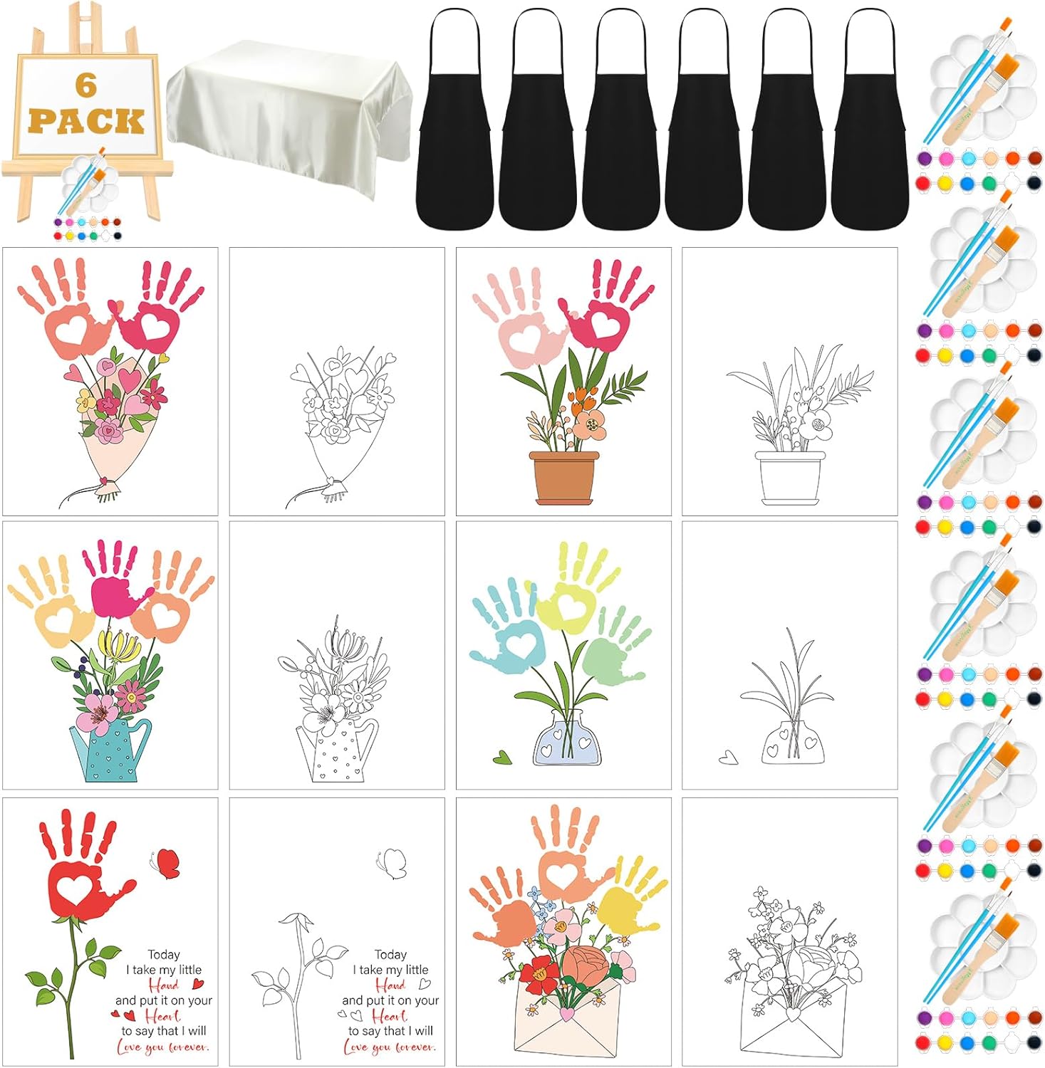 Motipuns 6 Sets Mother's Day Crafts DIY Kit Flower Bouquet Handprint Art Craft Gifts for Mom from Daughter or Son 8 x 10 Inch Handprint Flowers Bouquet Kit for Mother Grandma Birthday Supplies