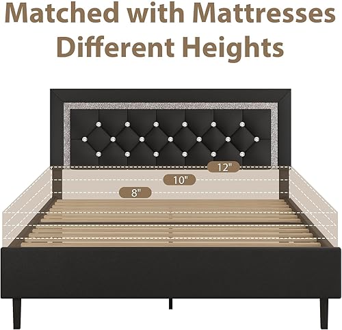 Miniatura 47 de BarnFurin Base de cama tamaño matrimonial con cabecera de botones copetudos, plataforma tapizada con diseño de diamante, soporte de listones de