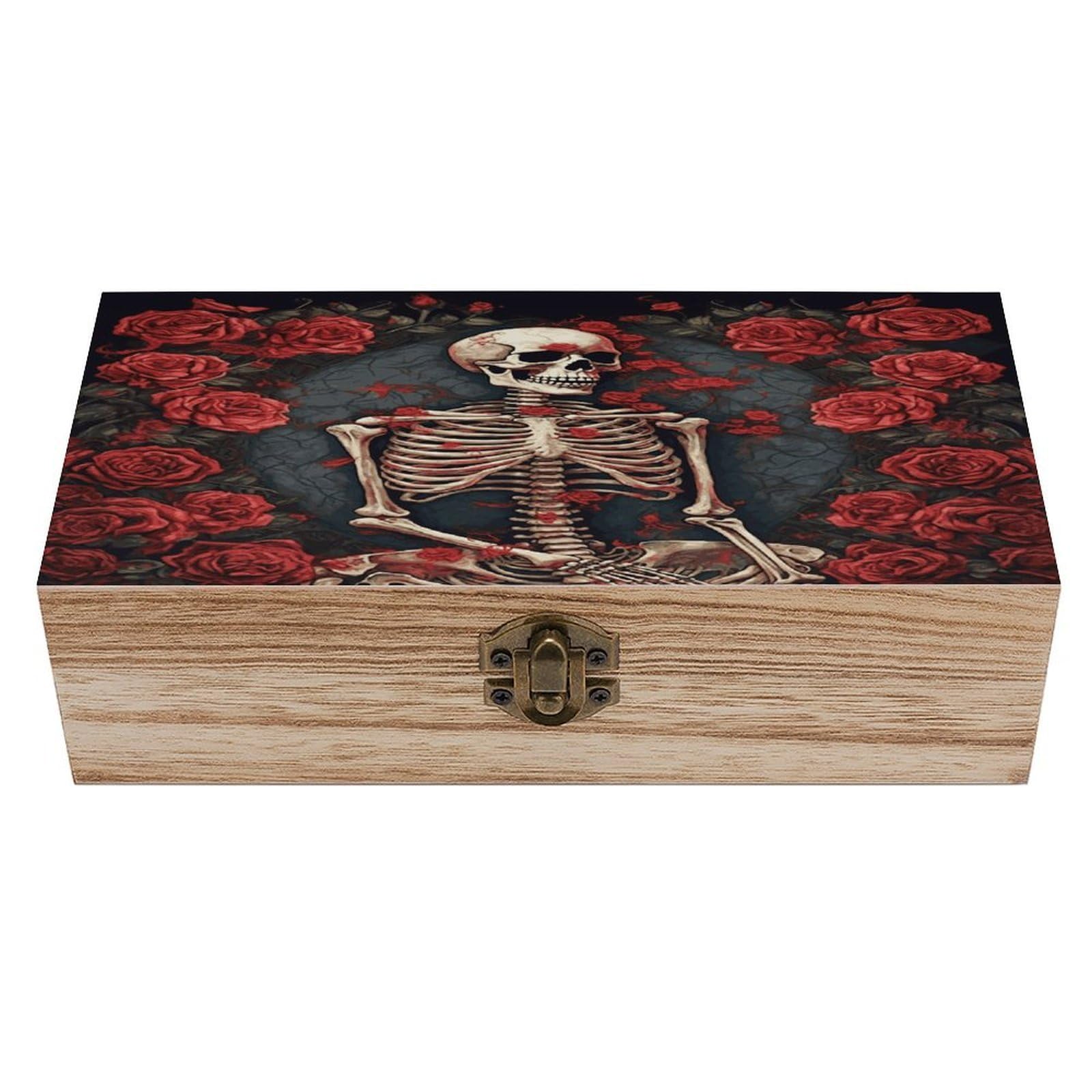 JTREHY Skeleton with Roses Wooden Storage Box Exquisite Durable Wood Gift Case Sturdy Vintage Jewelry Wooden Chest for Art Hobbies Storage Keepsake Gift