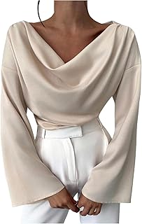 MakeMeChic Blusa de satén con cuello vuelto para mujer, manga acampanada, hombros caídos, elegante blusa de trabajo, ropa de otoño