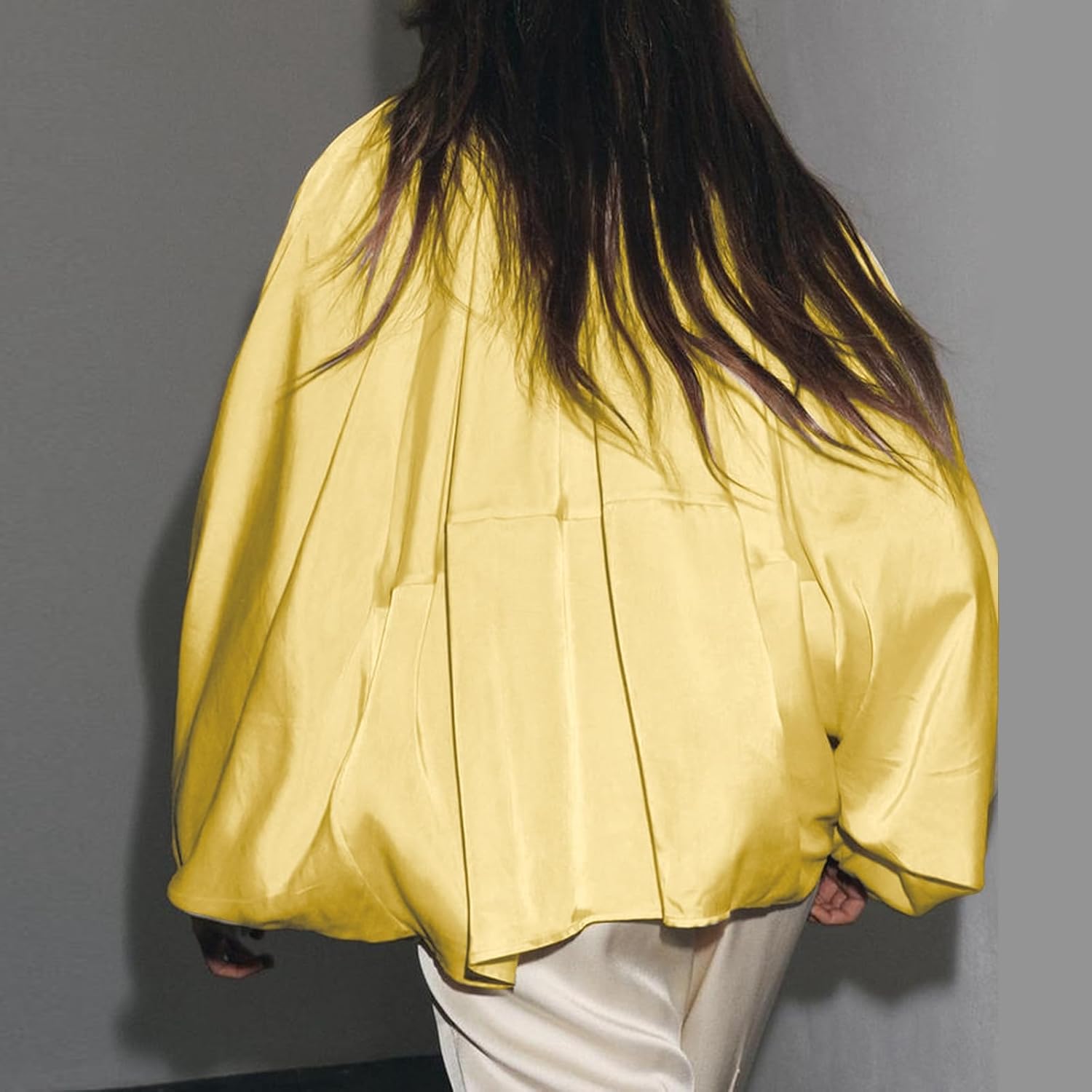 WOWULOVELY Women's Puffed Bomber Jacket Oversized Lapel Collar Streetwear Coat Long Casual Batwing Sleeve Zip Pleated Shirts - Image 5