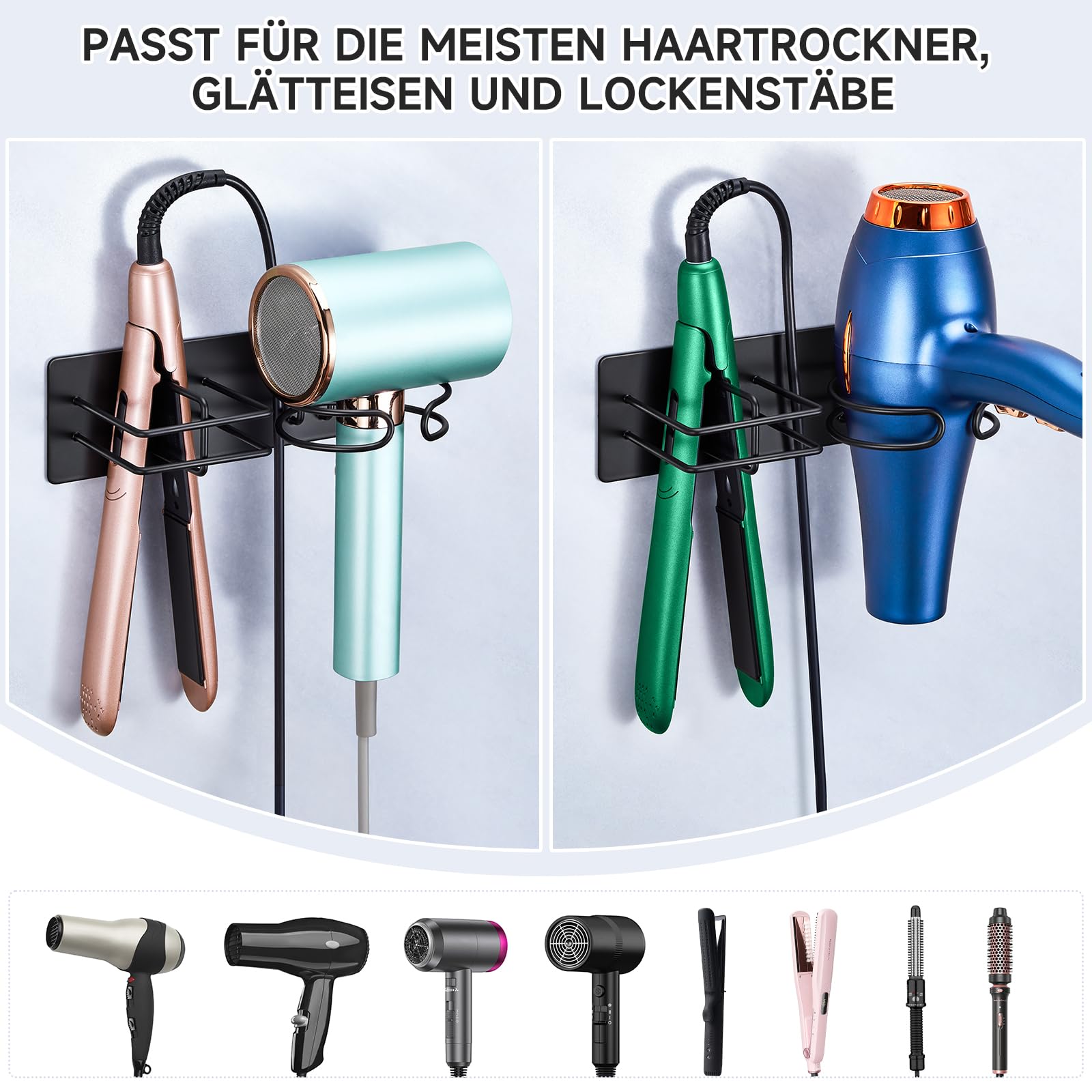 Föhn und Glätteisen Halterung, Föhnhalter Wand Ohne Bohren, Fönhalterung Wandhalterung, Haartrockner Halterung für Fön Glätteisen Aufbewahrung, Haartrocknerhalter (Schwarz)