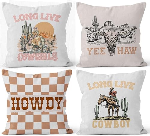 Miniatura 7 de HIWX Juego de 4 fundas de almohada decorativas de 18 x 18 pulgadas, diseño de vaquera howdy de color rosa intenso, diseño de pelota de discoteca