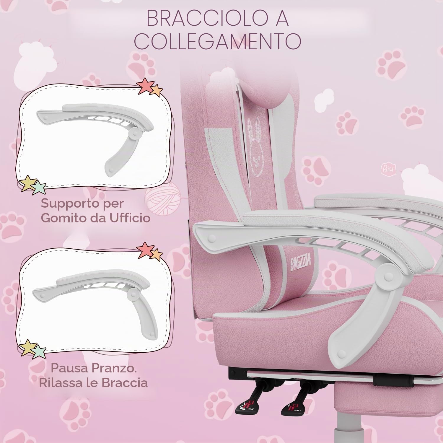 bigzzia Sedia Gaming Carina con Orecchie di Gatto, Sedia da Gioco con supporto Lombare Massaggiante, Sedia Ergonomica per Computer per Ragazza con Poggiapiedi e Poggiatesta (rosa e bianco)