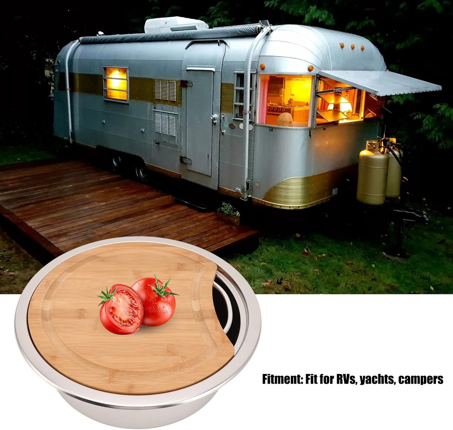 RV Sink , Polished Anti Clogging Hand Wash Sink 304 Stainless Steel 360x120mm/14 . 17x4 . 72in Rustproof Practical with Bamboo Chopping Block for Yachts