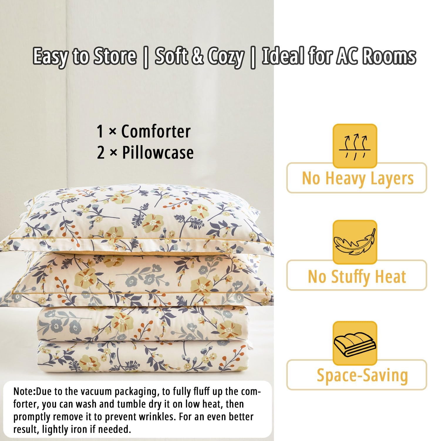 Yellow Floral Cotton Comforter King Size - Orange, Blue & Slate Gray Botanical Pattern on Off White, Reversible Design, 3PC Lightweight Bedding Set with Soft Alternative Fill (King) - Image 7
