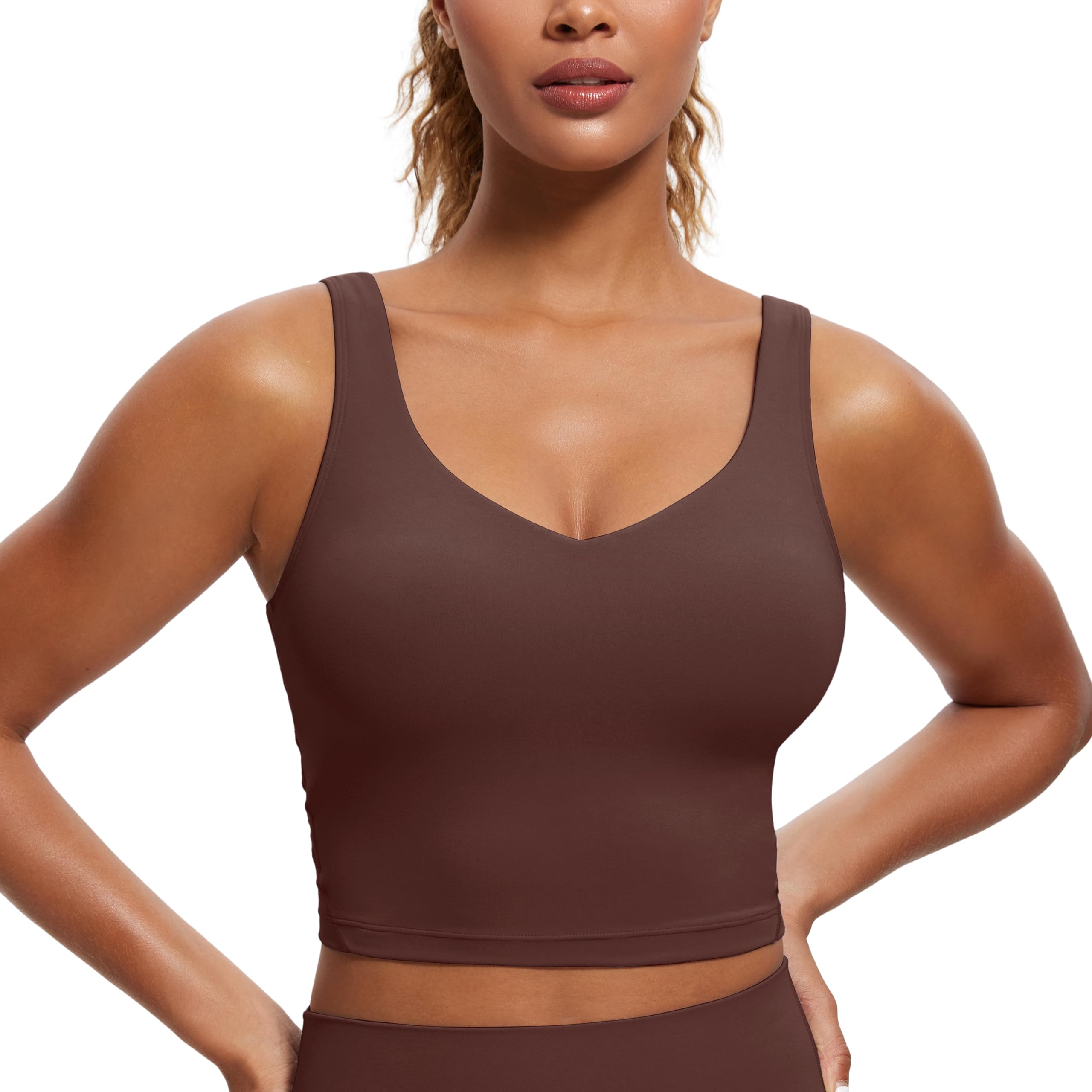 CRZ YOGA Butterluxe Womens V Neck Padded Sports Bra - Longline Workout Crop Tank Top with Built in Bra Taupe XS