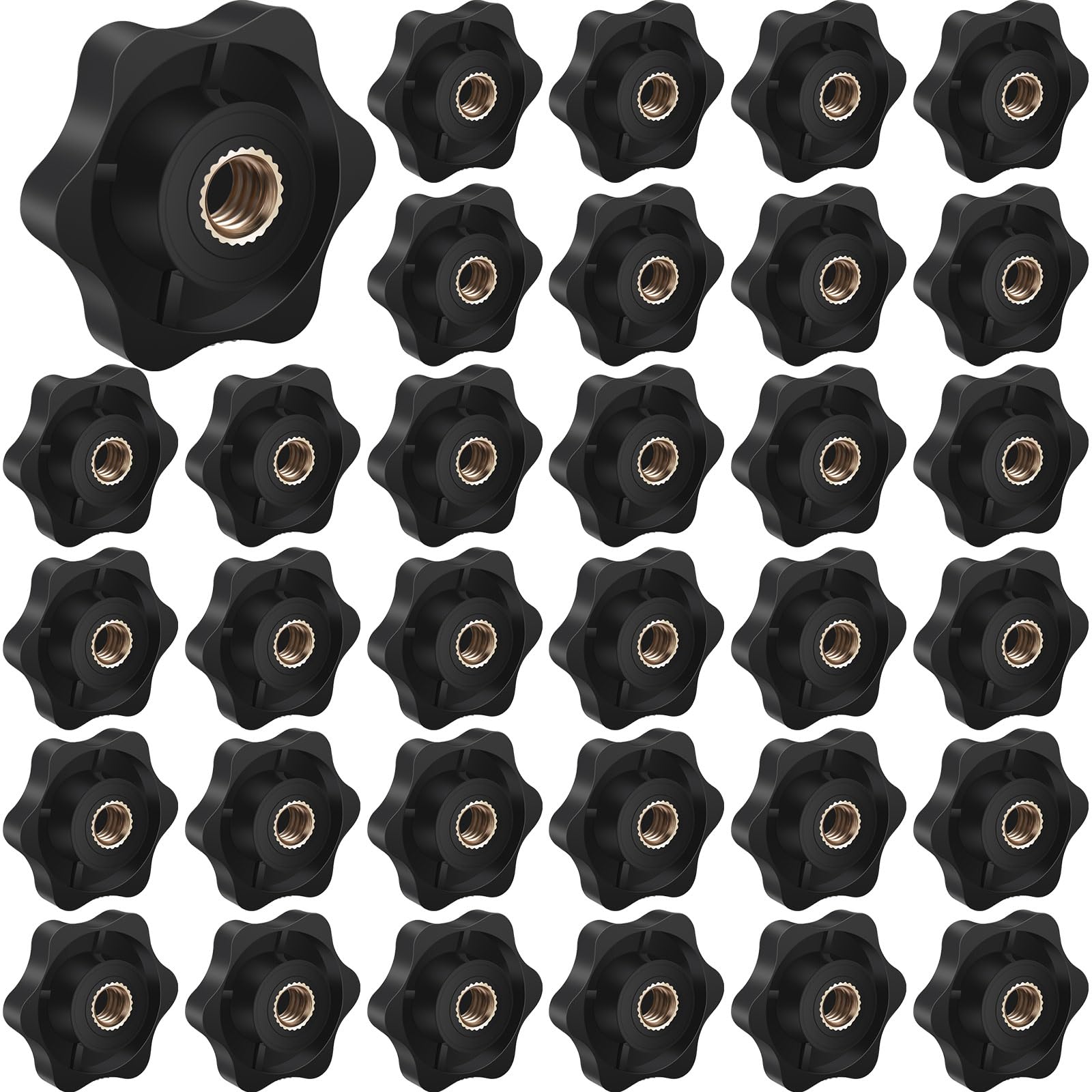 Zhengmy 30 Pcs Female Threaded Knob Black Plastic Head Thru Star Nuts Clamping(6 Star,1/4"-20)
