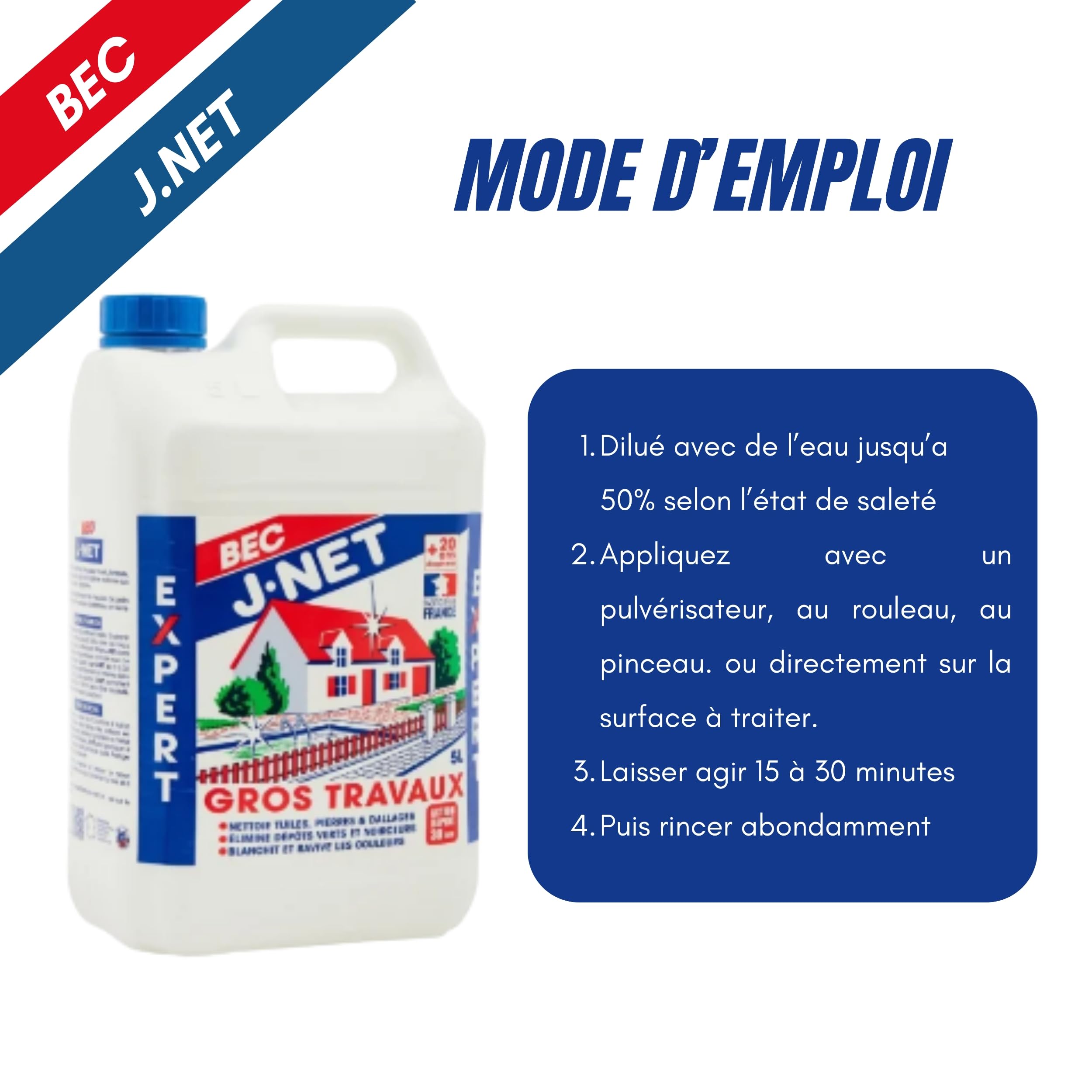 Nettoyant J-net Bec Gros Travaux 10l - Détruit dépôts vert & noirceurs - Nettoyant Puissant multi-surface - Redonne aux façades, toitures, sols leurs état d’origine - Made in France.