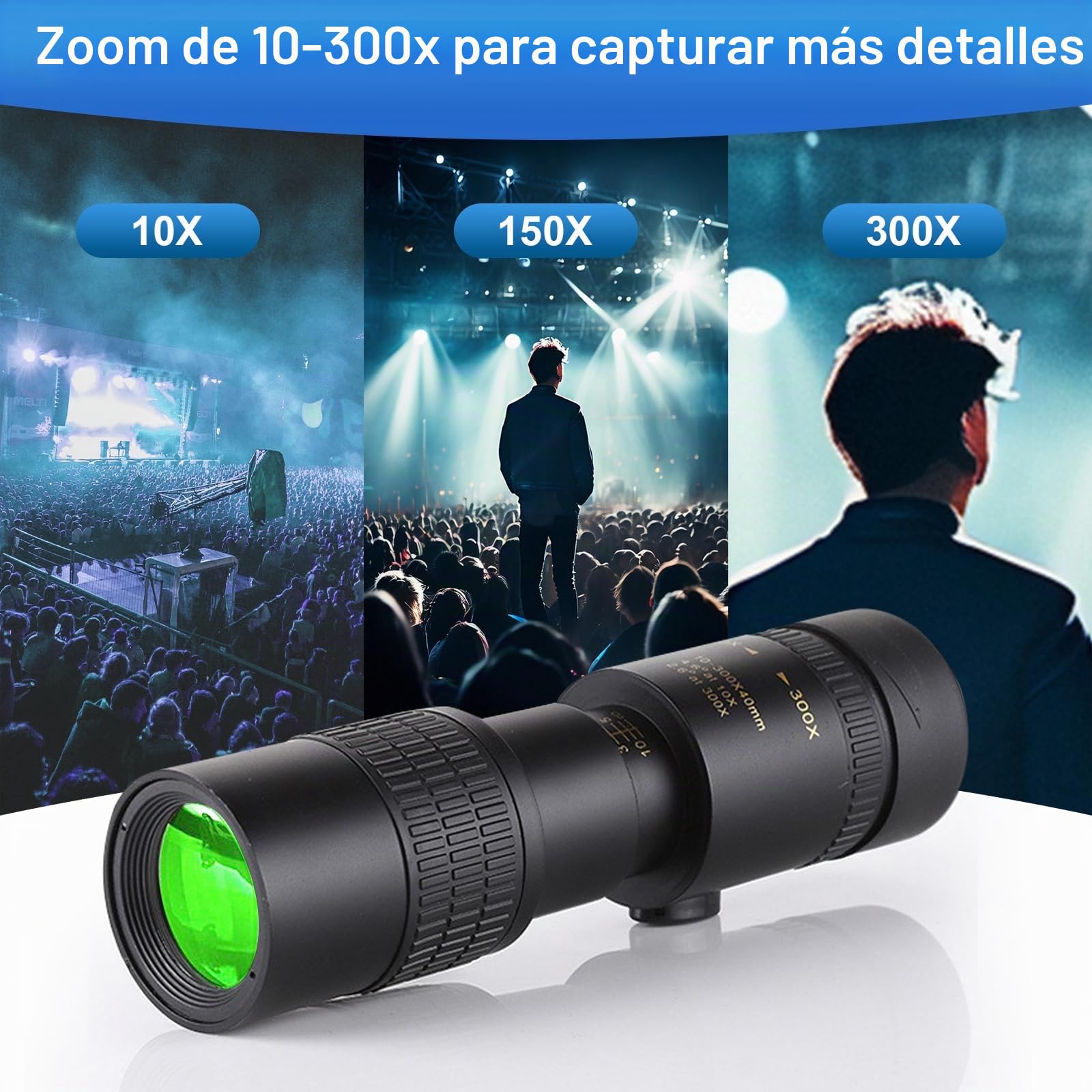 Monoculares de 10-300 x 40 para adultos de alta potencia, telescopio monocular con zoom con lente BAK4 y FMC para conciertos, observación de aves, observación de estrellas (adaptador de smartphone y
