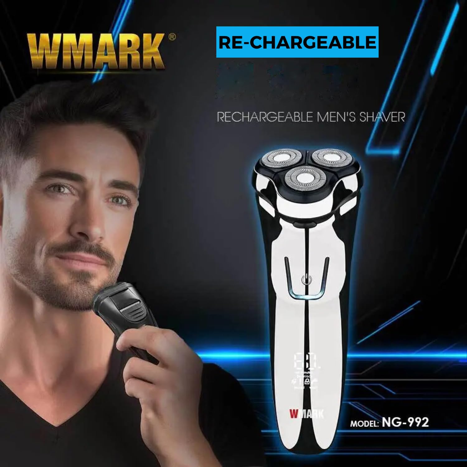 WMARK NG-992 Premium Cordless Rechargeable IPX6 Fully Waterproof 3 Head Electric Shaver Wet & Dry Rotary Shaver for Men with Magnetic Suction Super-Fast Charge 60 minutes Runtime LED Digital Display: Buy Online