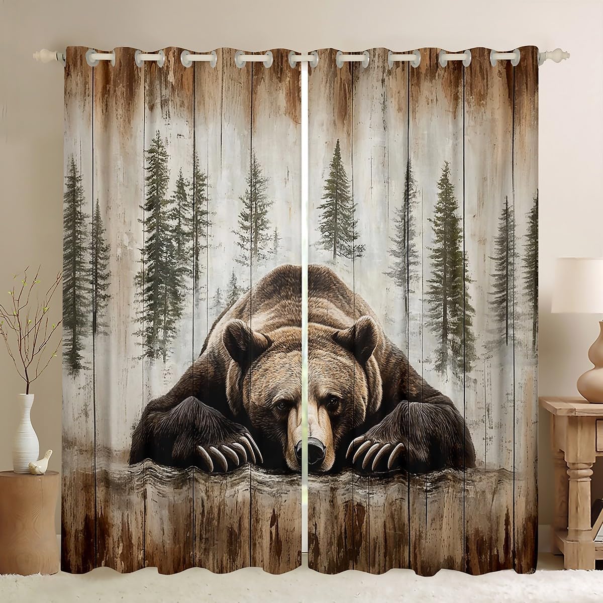 jejeloiu Cute Bear Blackout Curtains (2 Panels, 38 x 54 Inch) Wild Animal Curtains for Living Room Rustic Cabin Country Nature Wildlife Bear Darkening Drapes Wood Grain Window Treatments