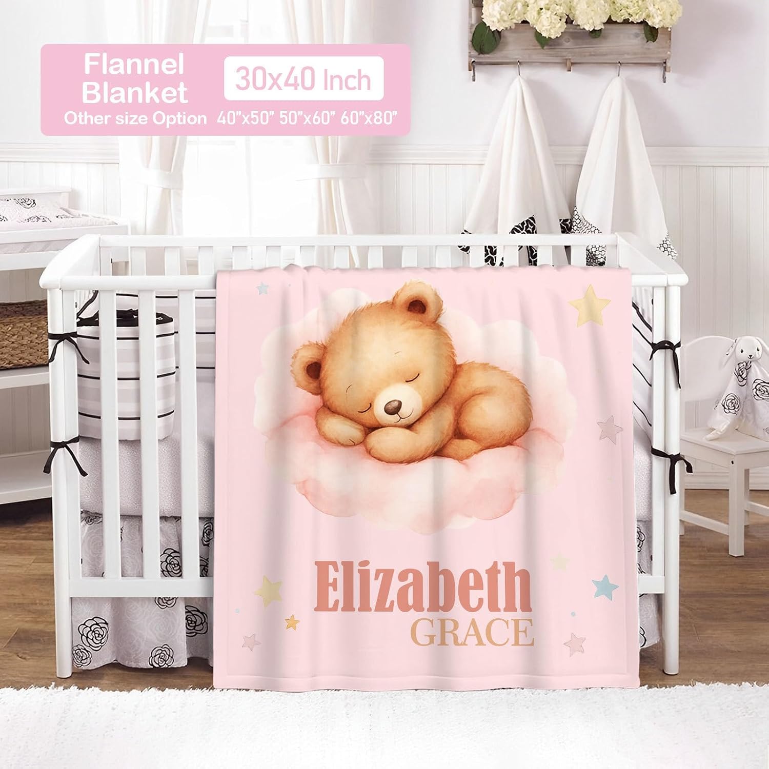 Personalized Baby Crib Bedding Set for Girls, Custom Name 3 Piece Bear Theme Nursery Bedding with Flannel Blanket, Fitted Crib Sheet & Pillowcase, Newborn Baby Gift