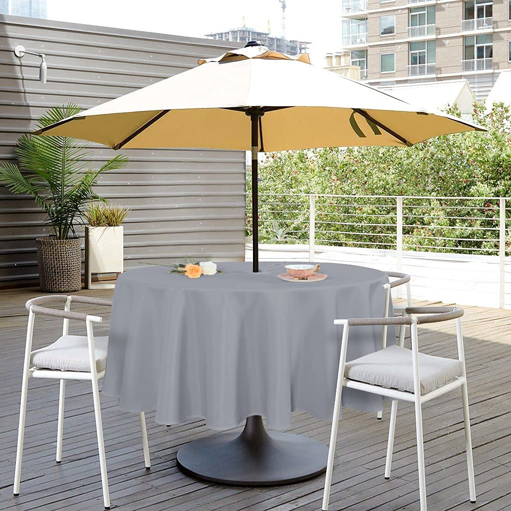 SARAFLORA Outdoor and Indoor Tablecloth -60 inch Round, Silver Wrinkle Free Washable Waterproof Table Cloth with Umbrella Hole and Zipper Round Table Cover for Spring/Summer/Patio/Picnic/BBQS/Party
