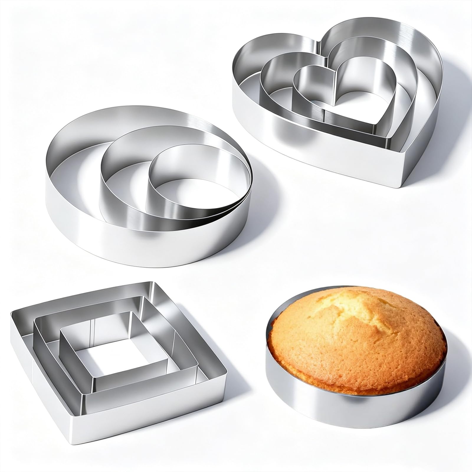 MUNGHOK 9er Tortenring Edelstahl Set, 10cm 15cm 20cm Rund Tortenform + Herz Backform + Tortenring Eckig, 4,5cm Hoch Edelstahl Backring Kuchenring Set für die Zubereitung von Kuchen