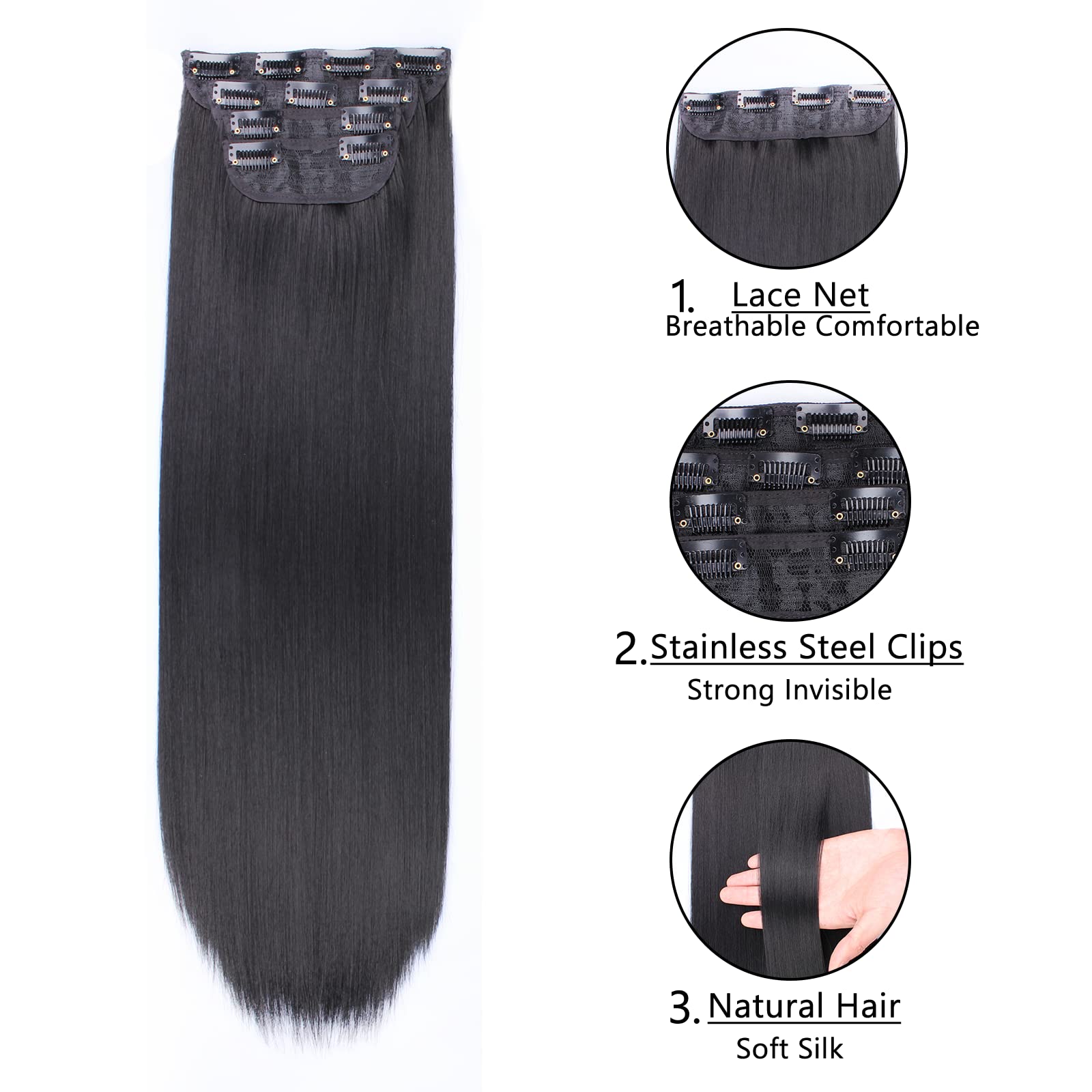 Xtrend Black 16 Inch Clip in Hair Extensions 4Pcs 11Clips Straight Thick Full Head Double Weft Clip on Synthetic Hair Extension Hairpieces for Women Daily Use 1B# - Image 3