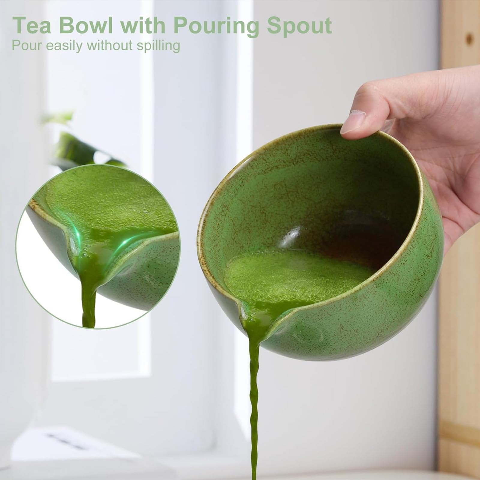 Matcha Kit 7 Piezas, Ciotola Matcha con Beccuccio, Frusta al Matcha, Supporto per Frusta, Cucchiaino, Asciugamano per Tè, Filtro, Matcha Set Perfetto per Macha (Verde Screziato)