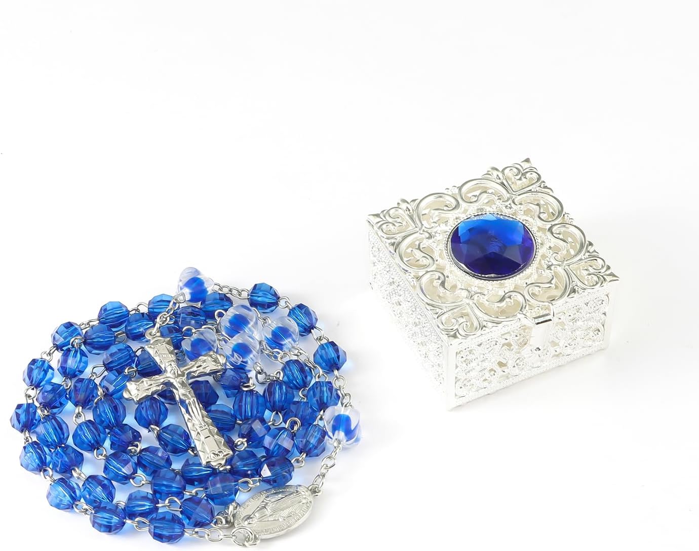 Blue Crystal Rosary Beads for Women With Vintage Jewelry Box, Catholic Necklace With Metal Gift Box, First Communion for Anglican Prayer Beads Catholic Gifts - Image 2