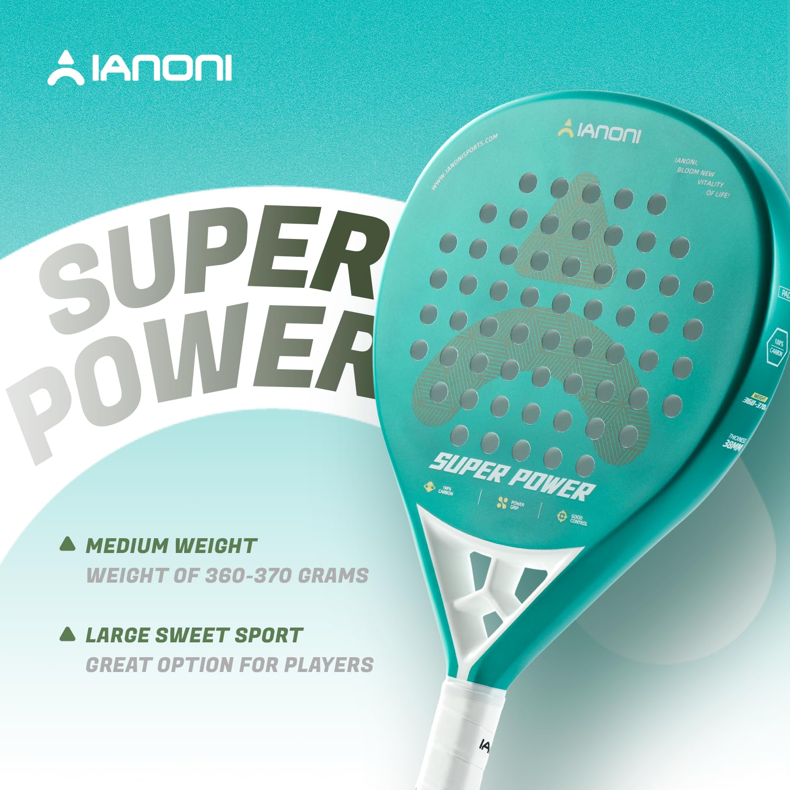 ianoni Racchetta da padel in fibra di carbonio con nucleo in schiuma EVA Memory Flex+borsa per il trasporto - Super Power Green