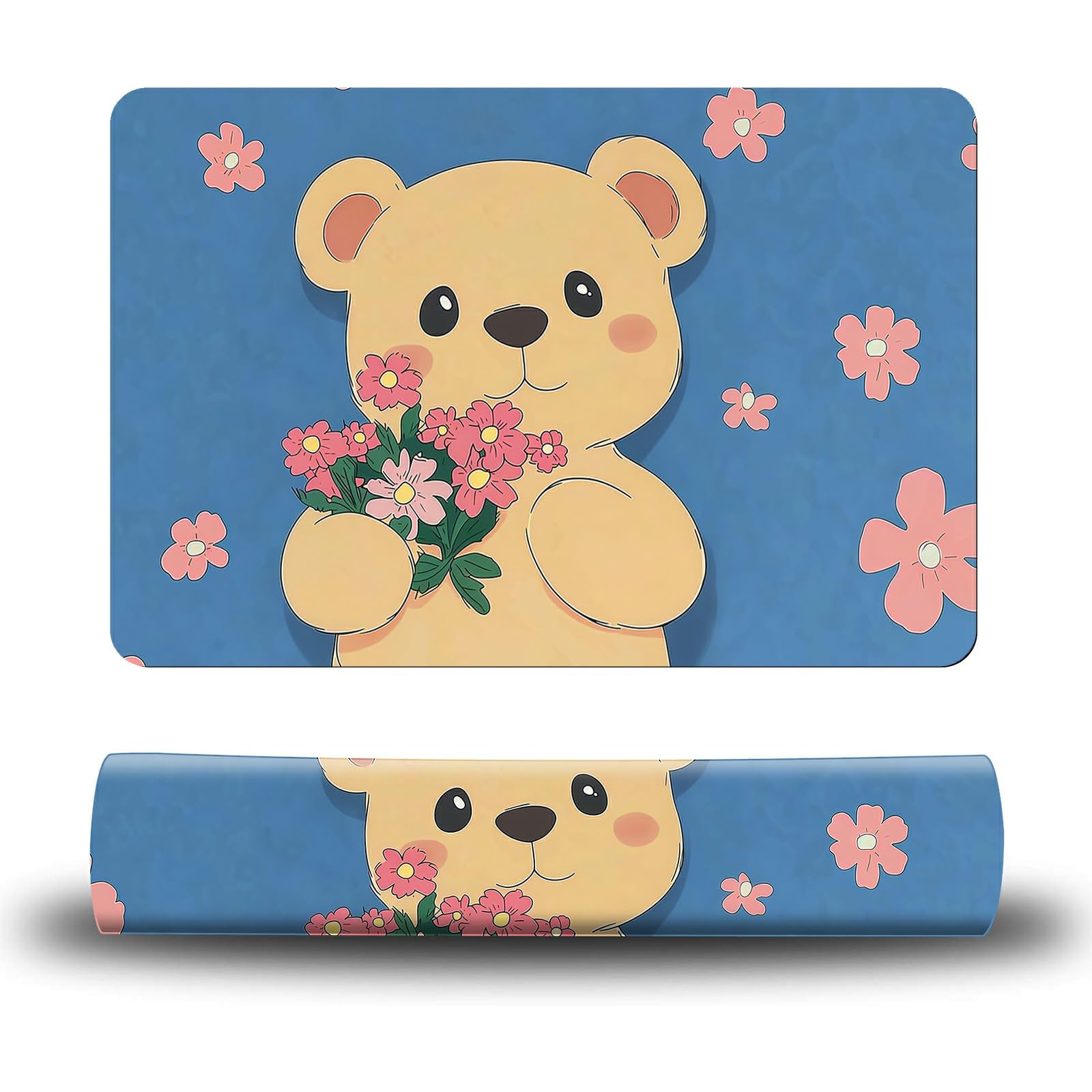 Dikoer Dog Food Mat, 15.7" x 23.6" Absorbent Pet Feeding Mat for Food and Water, Waterproof Diatom Mud Pet Placemat with Non-Slip Rubber Backing, Easy Clean Cat Bowl Mat for Floors - Pink Flower Bear