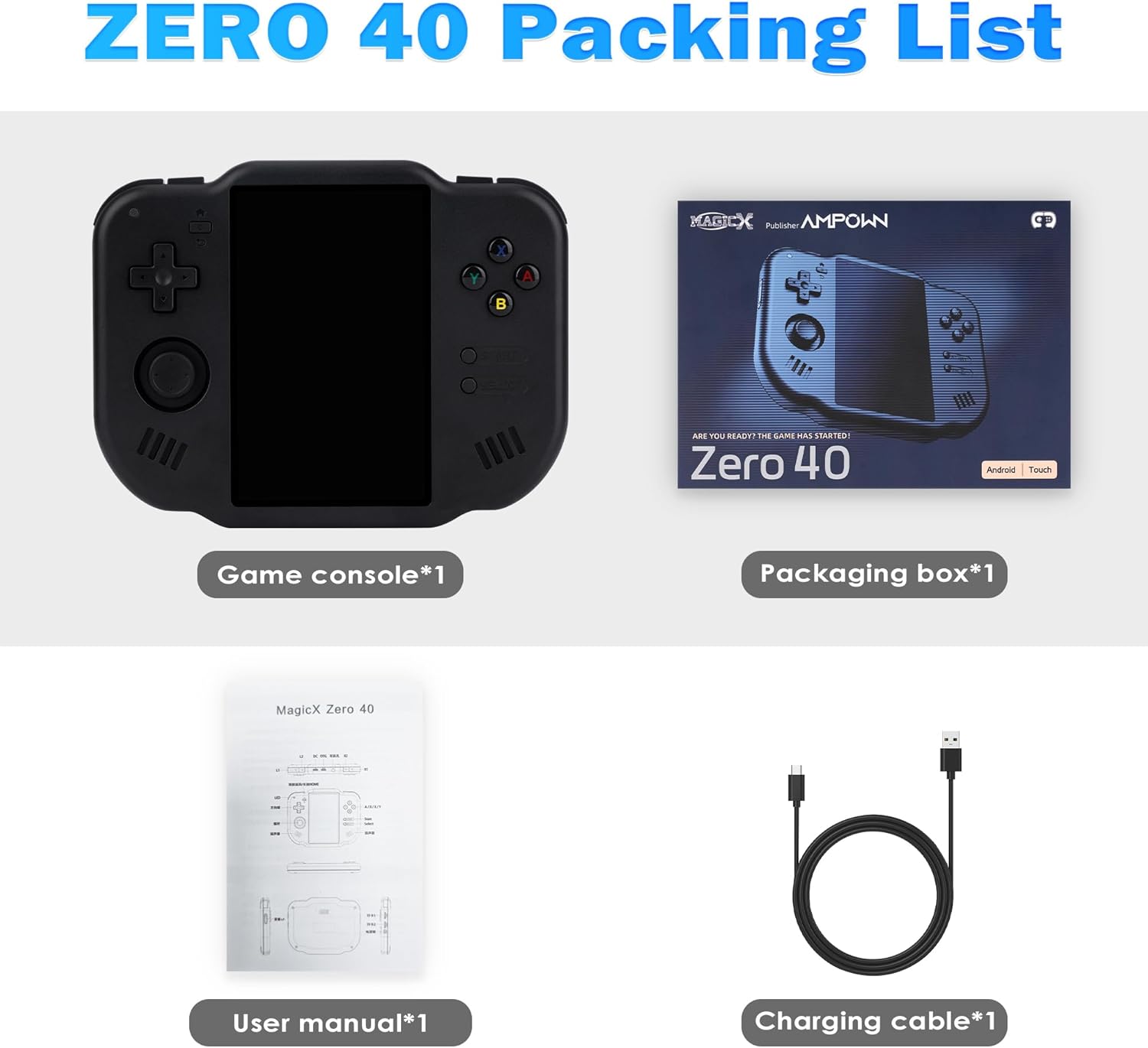 MagicX Zero 40 Retro Handheld Game Console 4.0 Inch IPS Screen Linux System Sunken Dual Joystick Built-in 64G TF Card Handheld Emulator Support 4.2G WiFi Bluetooth TV Output(Black)