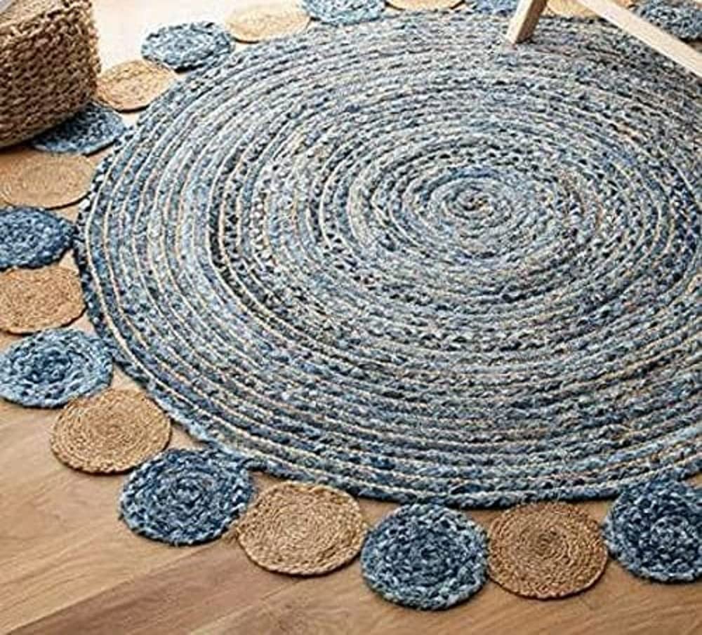 Handgefertigter Jute- und Denim-Teppich für Wohnzimmer, runde Bodenmatte, Teppiche für Wohnzimmer, Jute-Mitteltischteppich (1,8 x 1,8 m)