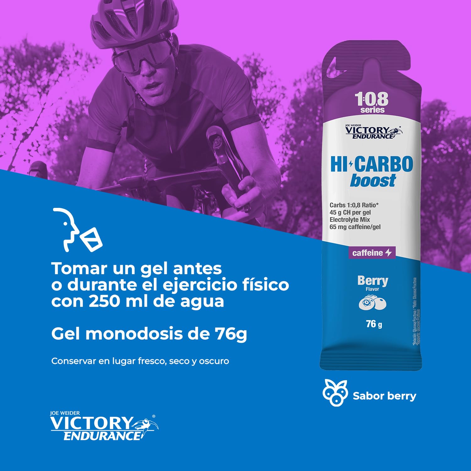 Victory Endurance HI Carbo Boost Gel 1:0,8 Series (12x76g) Sabor Frutos Rojos Con Cafeína, Alto en Carbohidratos con 45g/gel, 200mg sodio/gel, Energía inmediata, Aumenta Rendimiento, Disminuye Fatiga