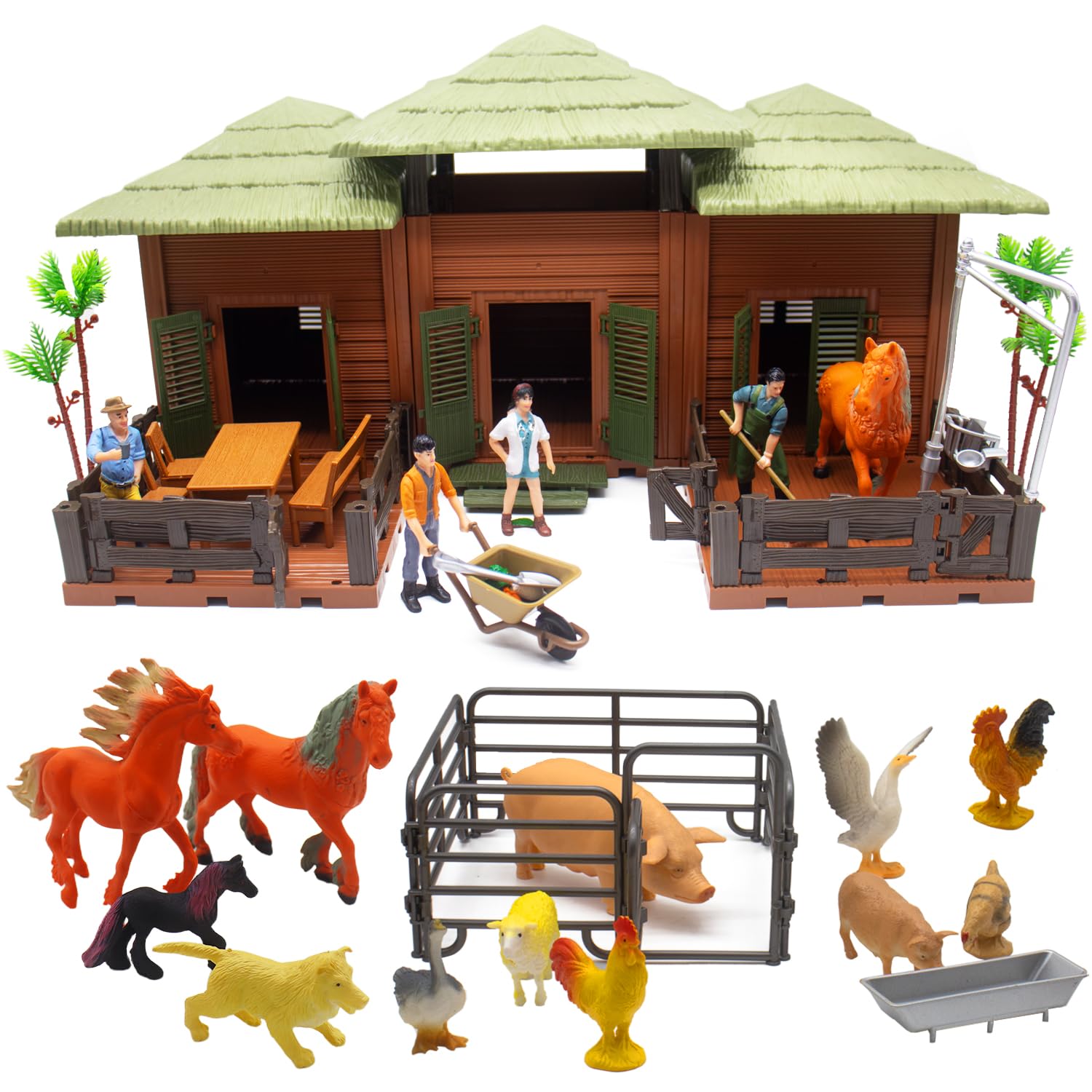 Bonikita 83-PCS Playset with Farm Animals, DIY Animal Scene with Farmhouse, Farmer, Pig, Horse, Wheelbarrow, Fence, and Cleaning Set – Toys for Children, Toddlers, Boys, and Girls Ages 3 and Up