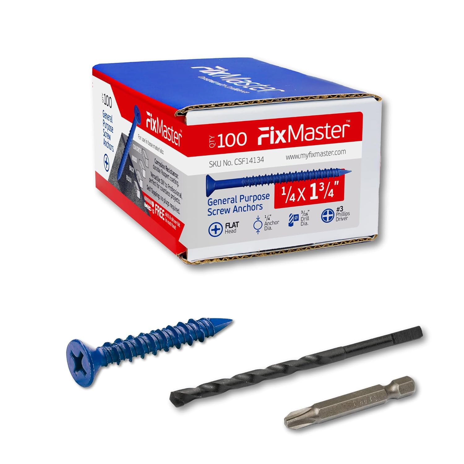 1/4 x 5 Countersunk Phillips Flat Head Blue Concrete Screw Anchors (100 pcs Screw Kit) with one Screwdriver and Drill Bit for Concrete, Masonry, Block, Brick and Wood Fastening