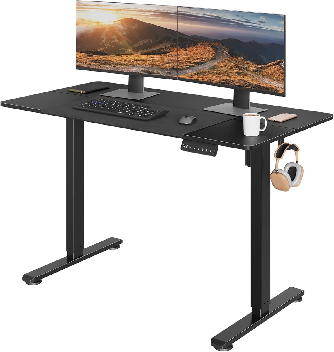 BONTEC Electric Standing Desk, Height Adjustable Desk with LED Display, 72cm to 120cm, 3 Memory Presets, Ergonomic Sit-Stand Desk with Headphone Hook, for Office, Home & Gaming, Black, Computer Table